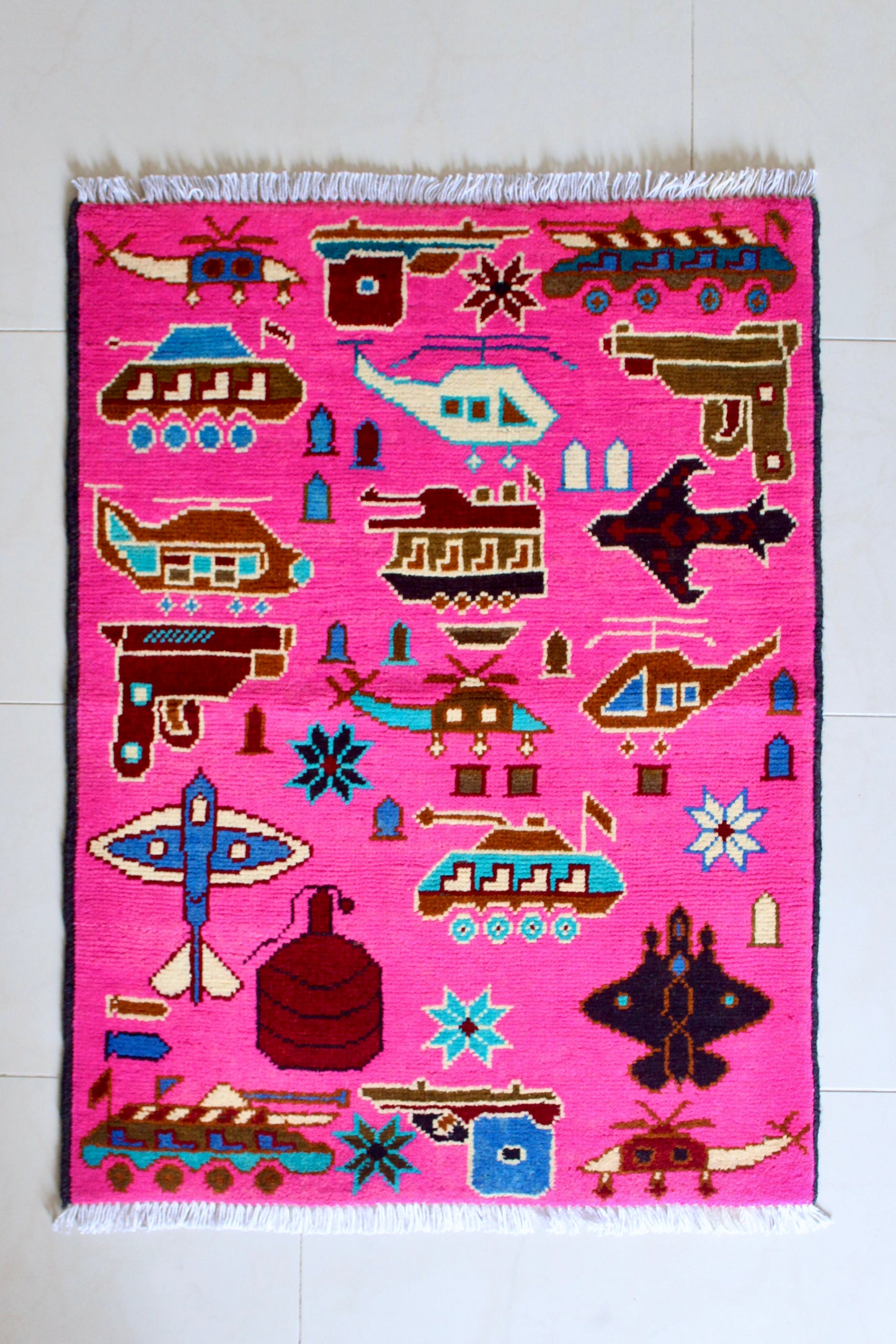 Neon Pink Afghan War Rug with Military Motifs - On Hold
