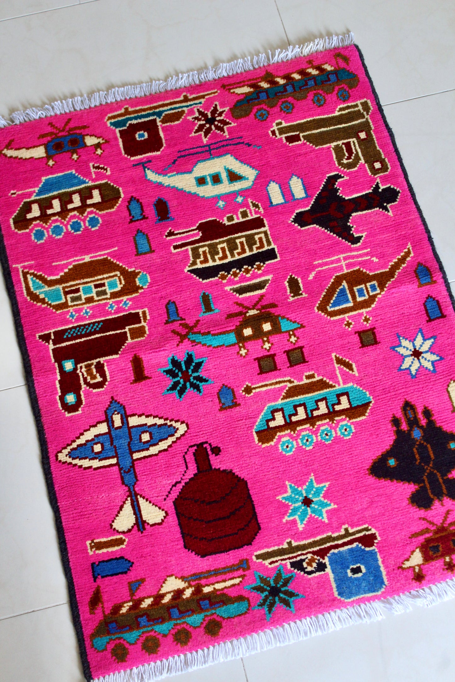 Neon Pink Afghan War Rug with Military Motifs - On Hold