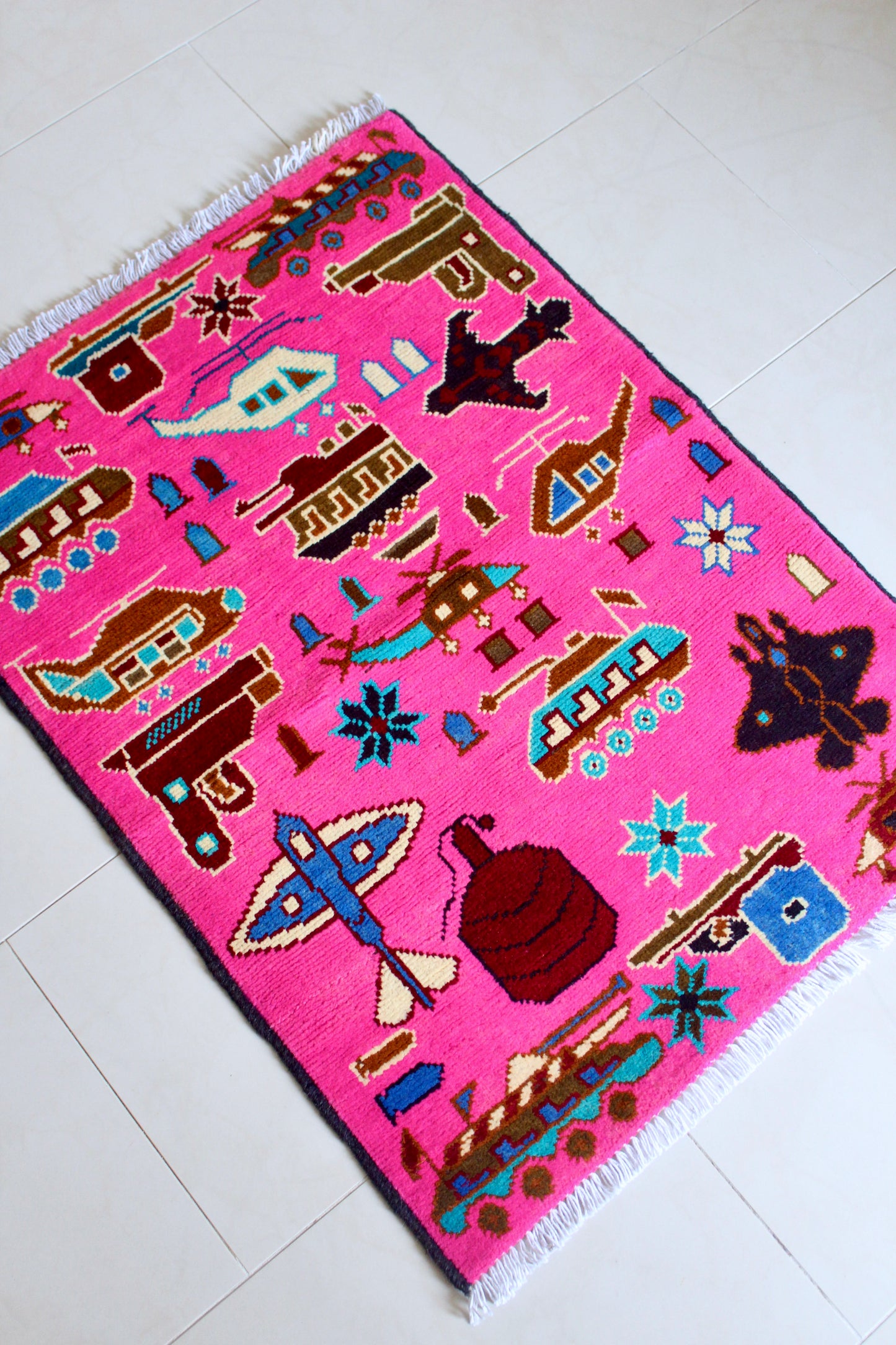 Neon Pink Afghan War Rug with Military Motifs - On Hold