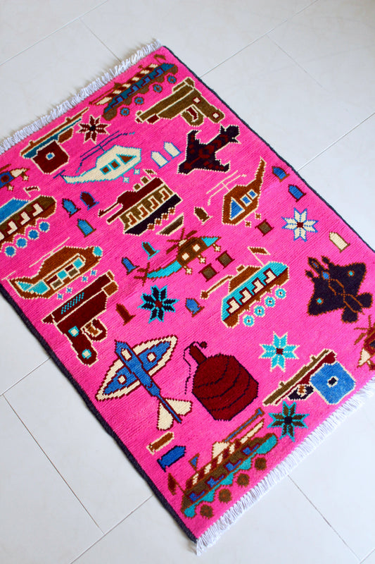Neon Pink Afghan War Rug with Military Motifs - On Hold