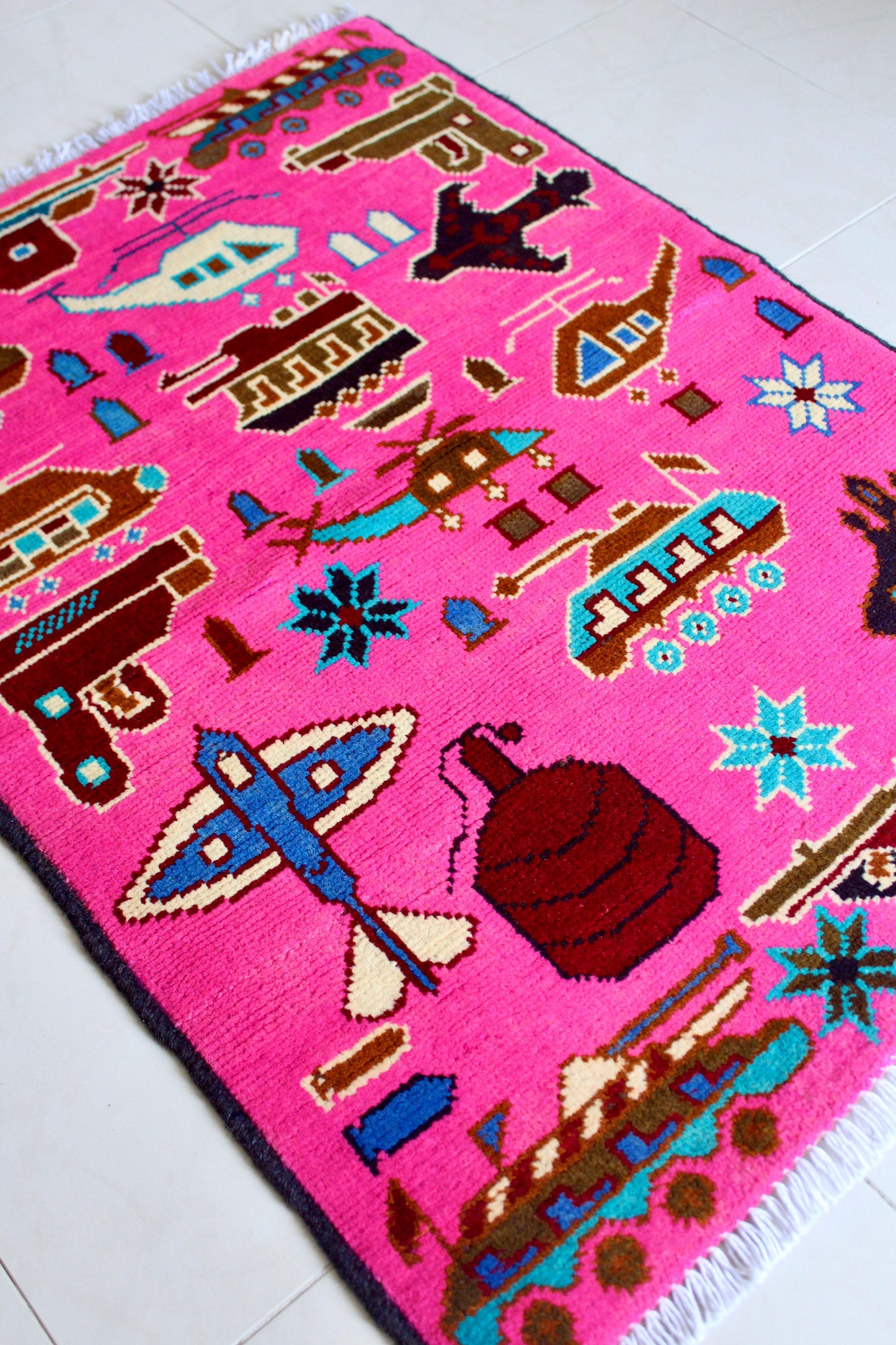 Neon Pink Afghan War Rug with Military Motifs - On Hold