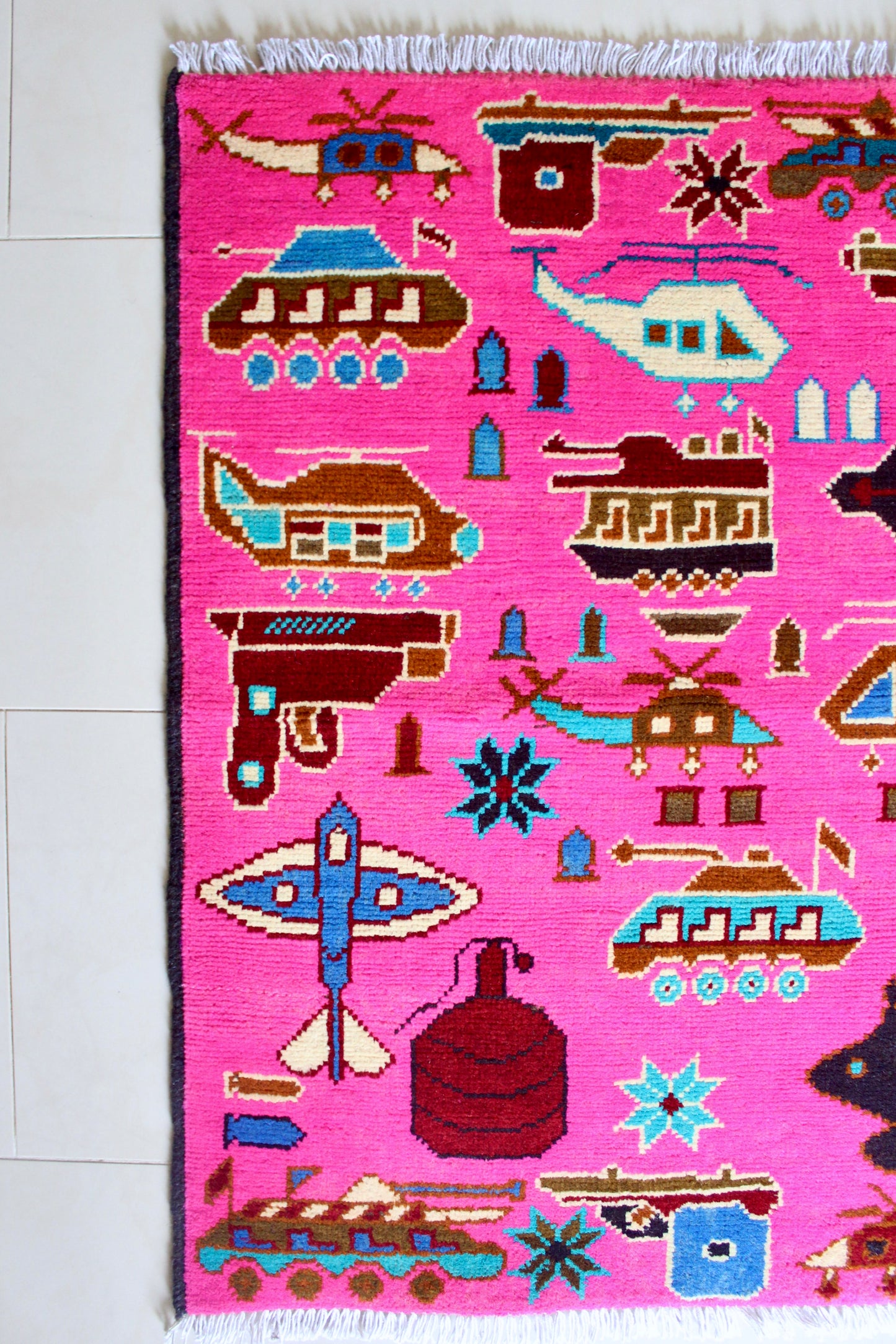 Neon Pink Afghan War Rug with Military Motifs - On Hold