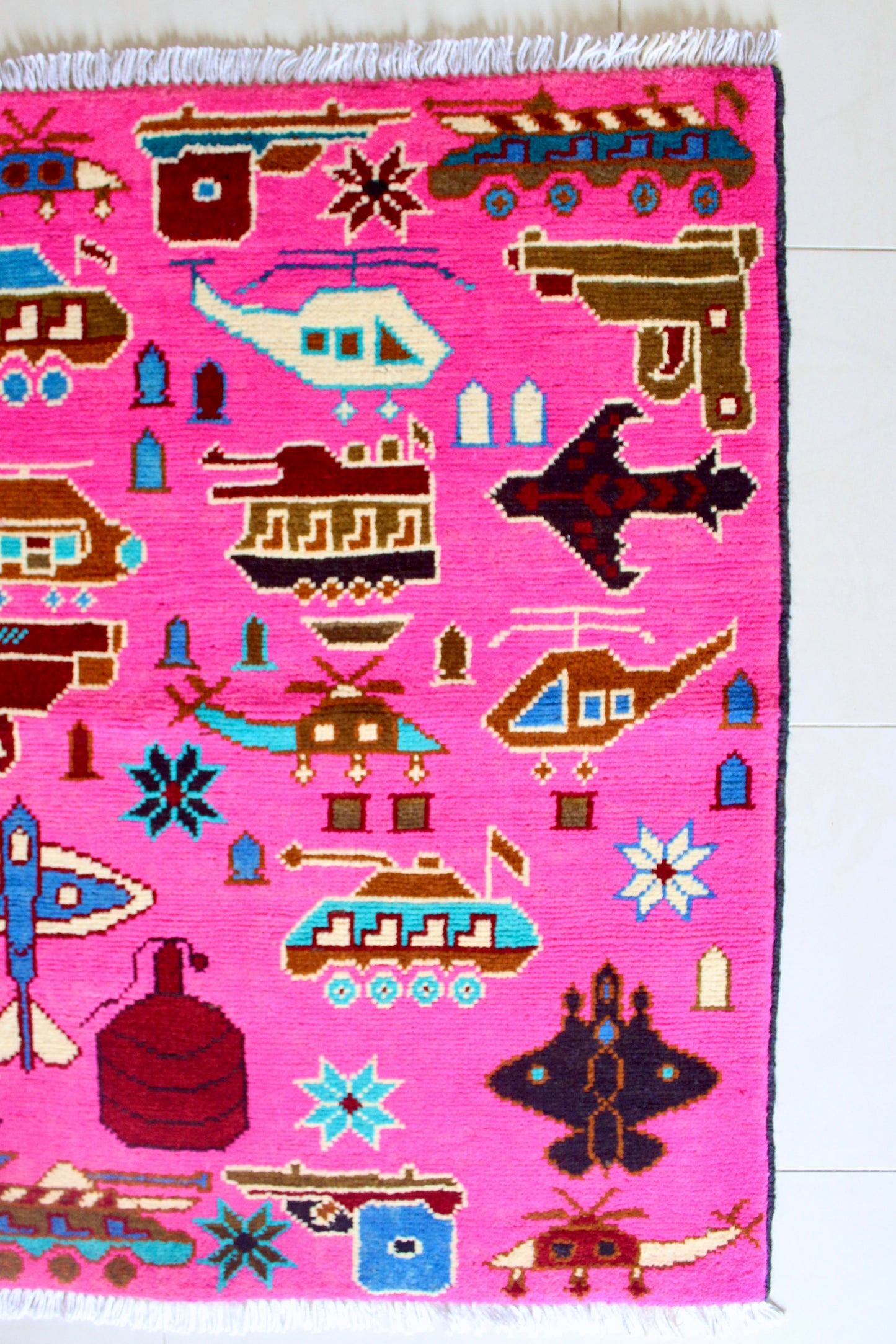 Neon Pink Afghan War Rug with Military Motifs - On Hold