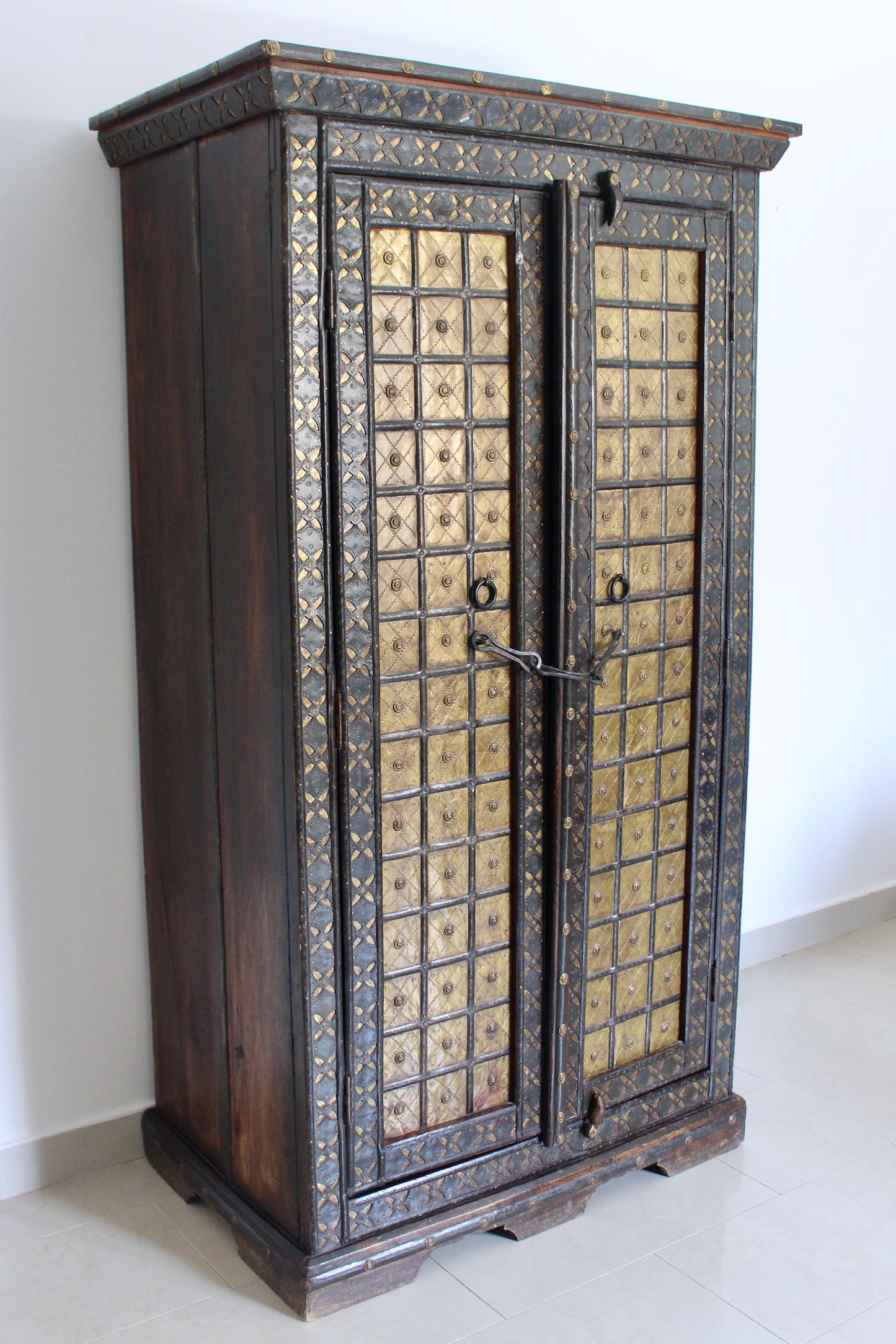 Large Anglo-Indian Brass Inlaid Wardrobe Cabinet