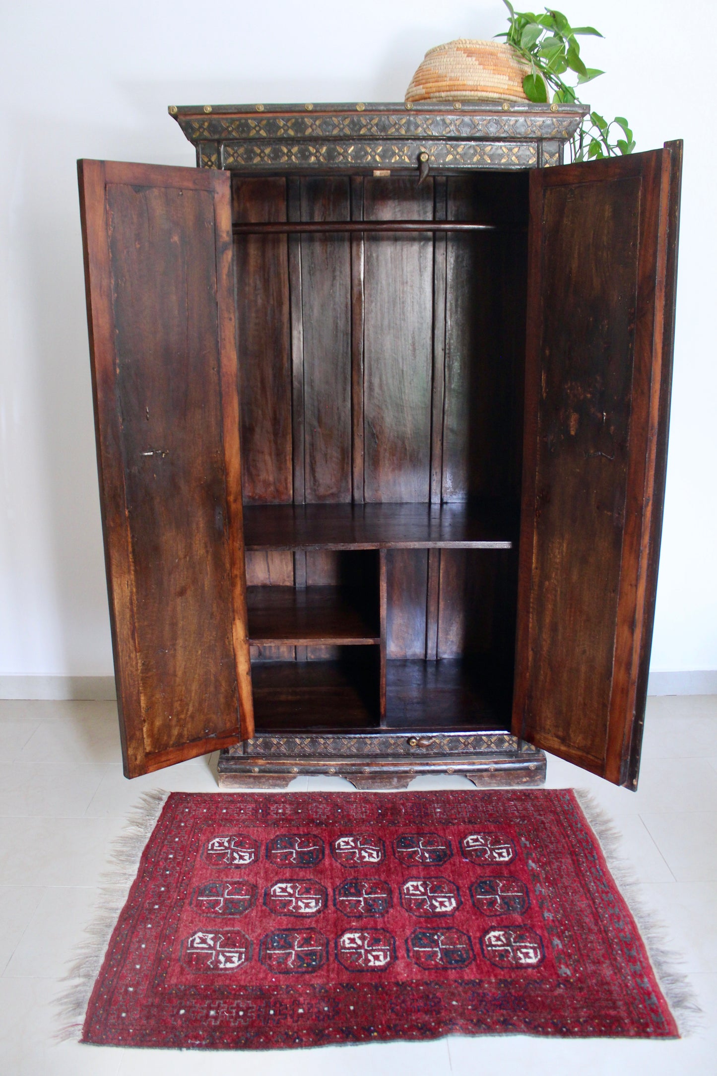Large Anglo-Indian Brass Inlaid Wardrobe Cabinet