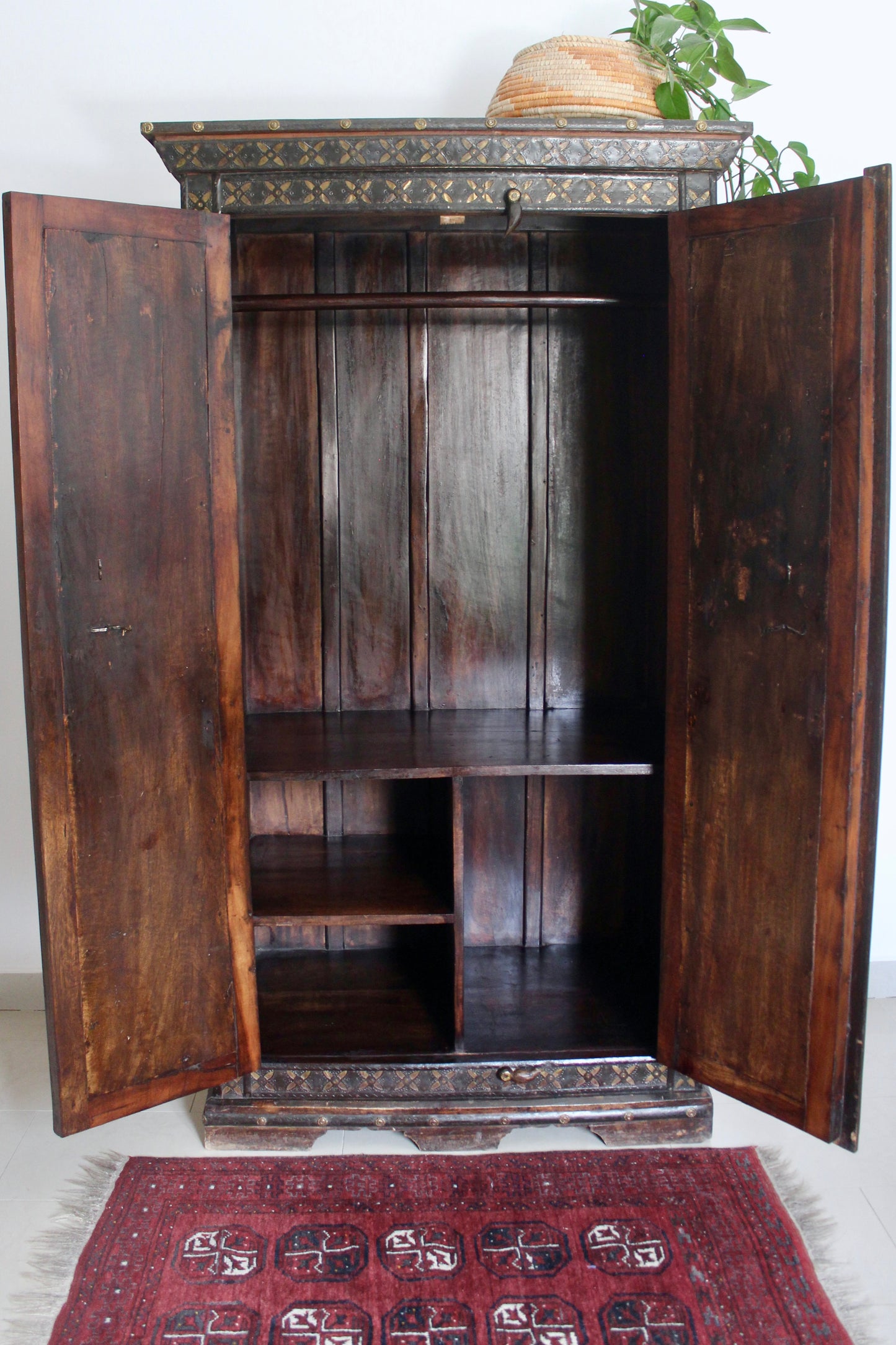 Large Anglo-Indian Brass Inlaid Wardrobe Cabinet