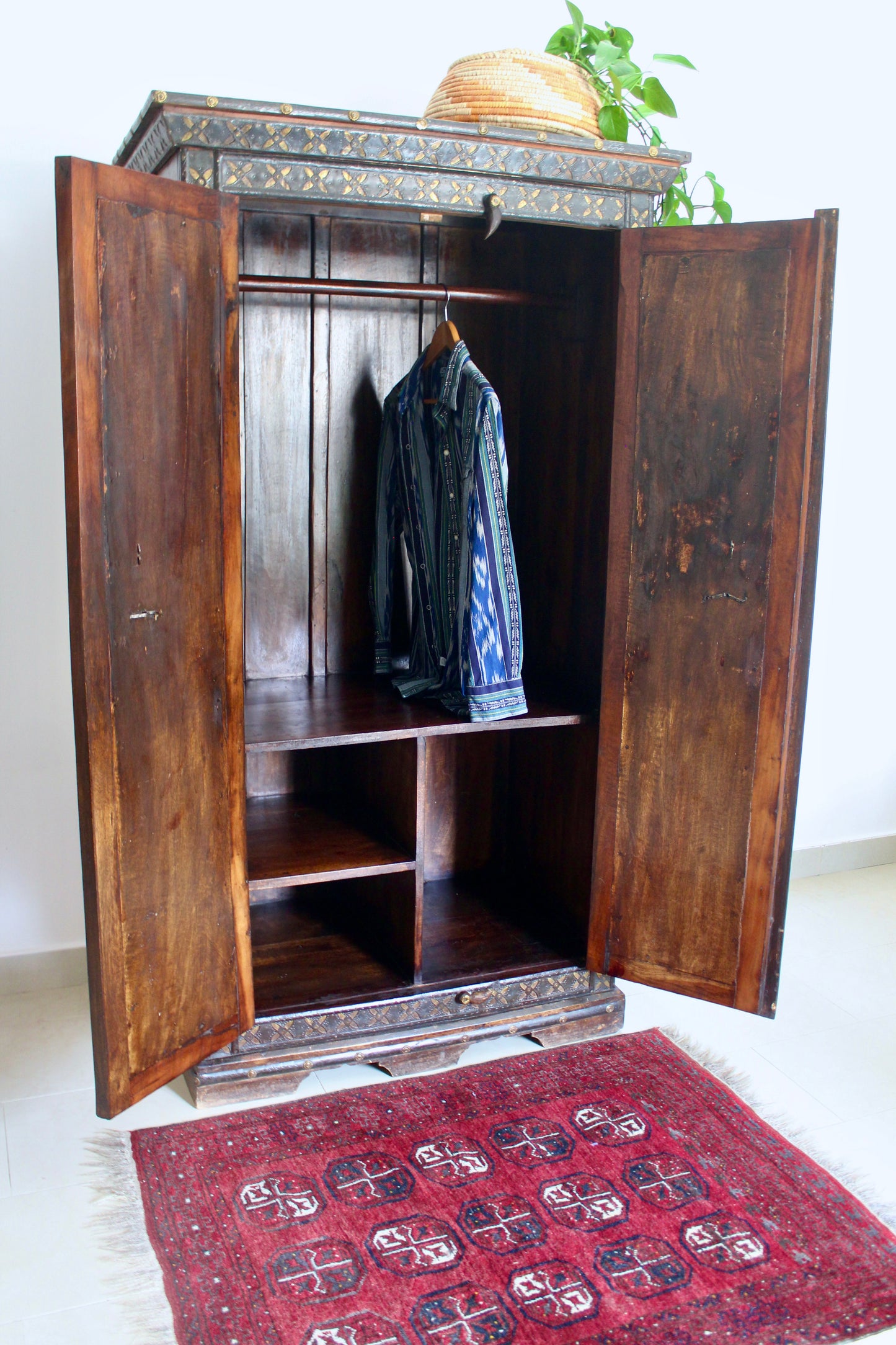 Large Anglo-Indian Brass Inlaid Wardrobe Cabinet
