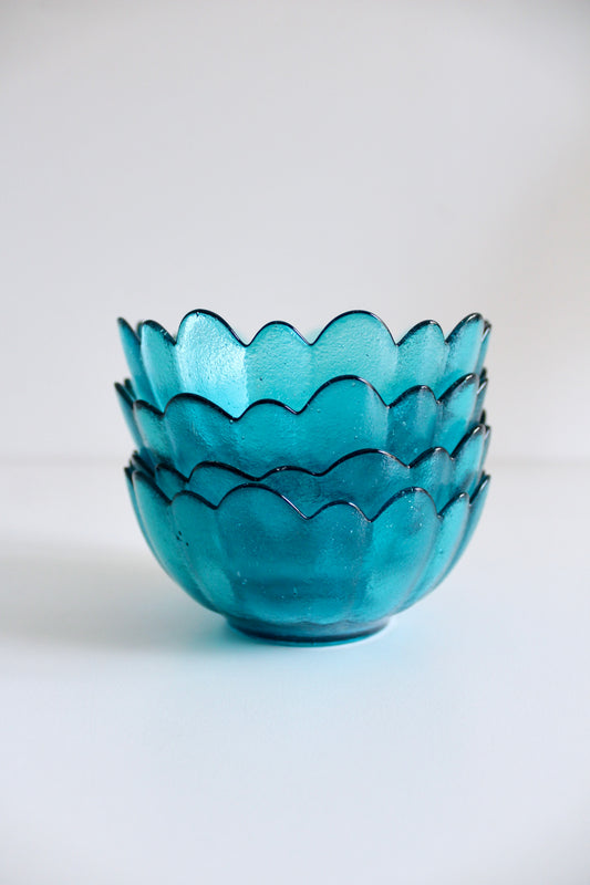 Mid Century Turquoise Petal Glass Dessert Bowls