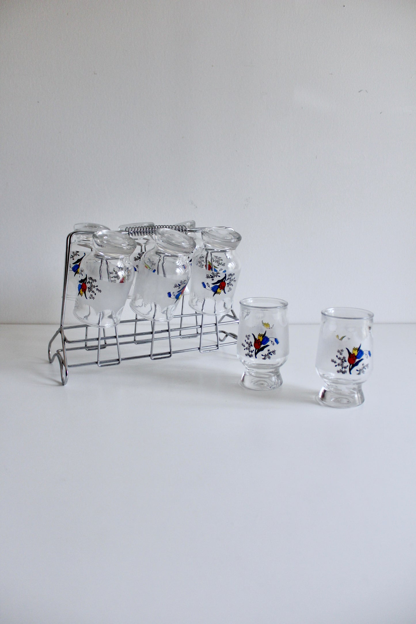 Vintage Floral Juice Glass Set with Chrome Rack