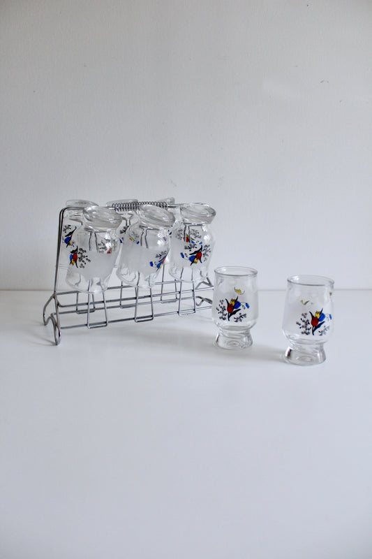 Vintage Floral Juice Glass Set with Chrome Rack