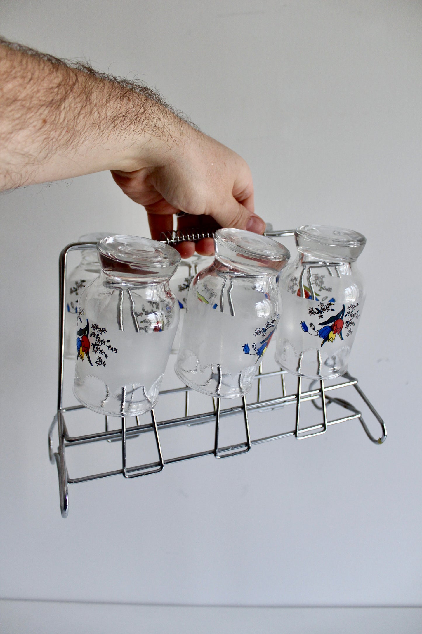 Vintage Floral Juice Glass Set with Chrome Rack