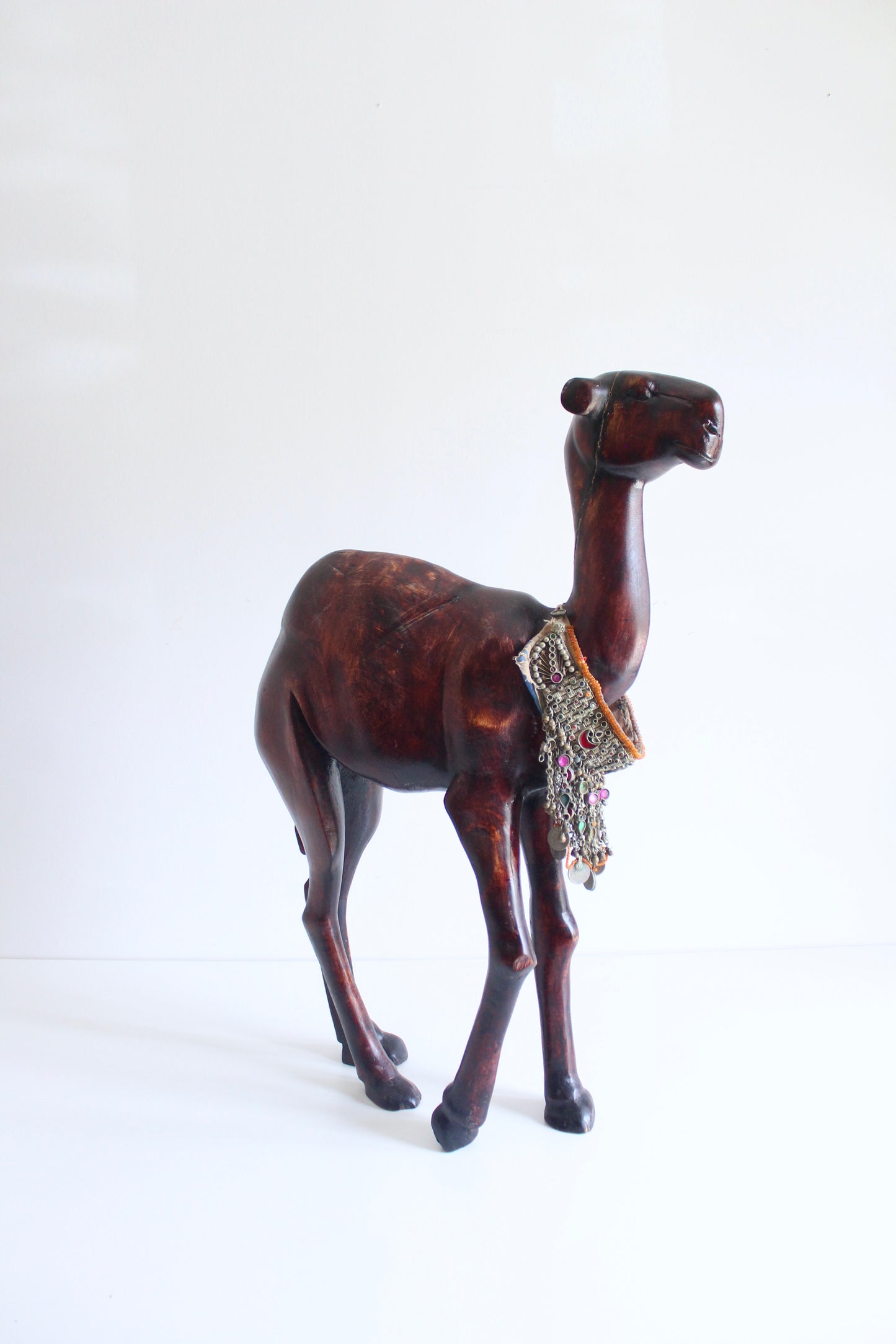 Large Vintage Hand-Carved Wooden Camel Sculpture with Tribal Jewelry 1
