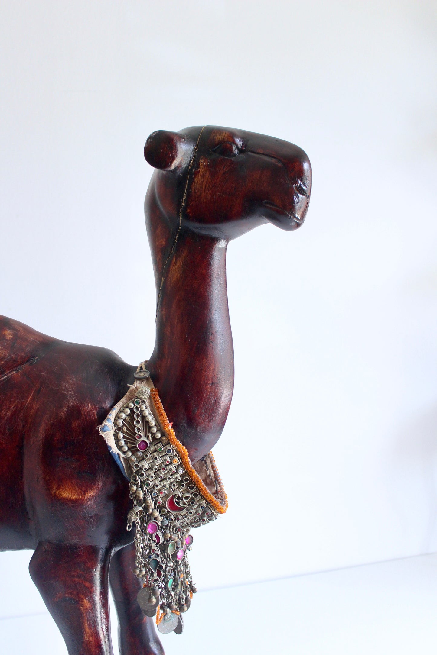 Large Vintage Hand-Carved Wooden Camel Sculpture with Tribal Jewelry 1