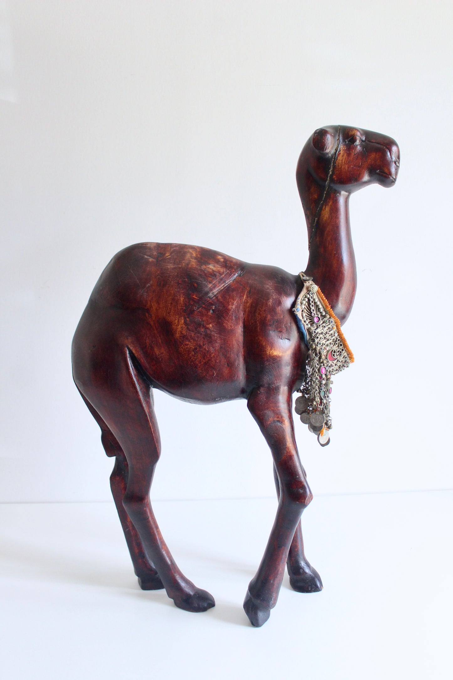 Large Vintage Hand-Carved Wooden Camel Sculpture with Tribal Jewelry 1