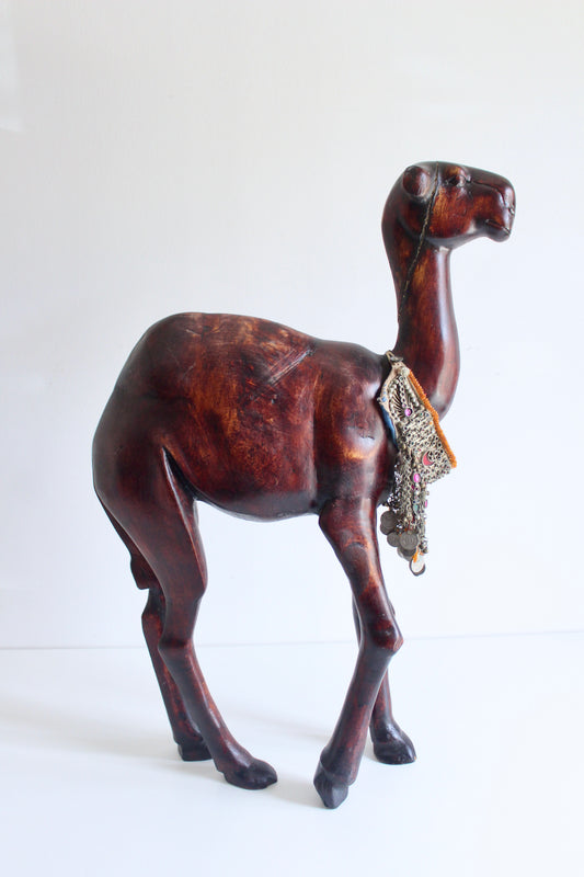 Large Vintage Hand-Carved Wooden Camel Sculpture with Tribal Jewelry 1