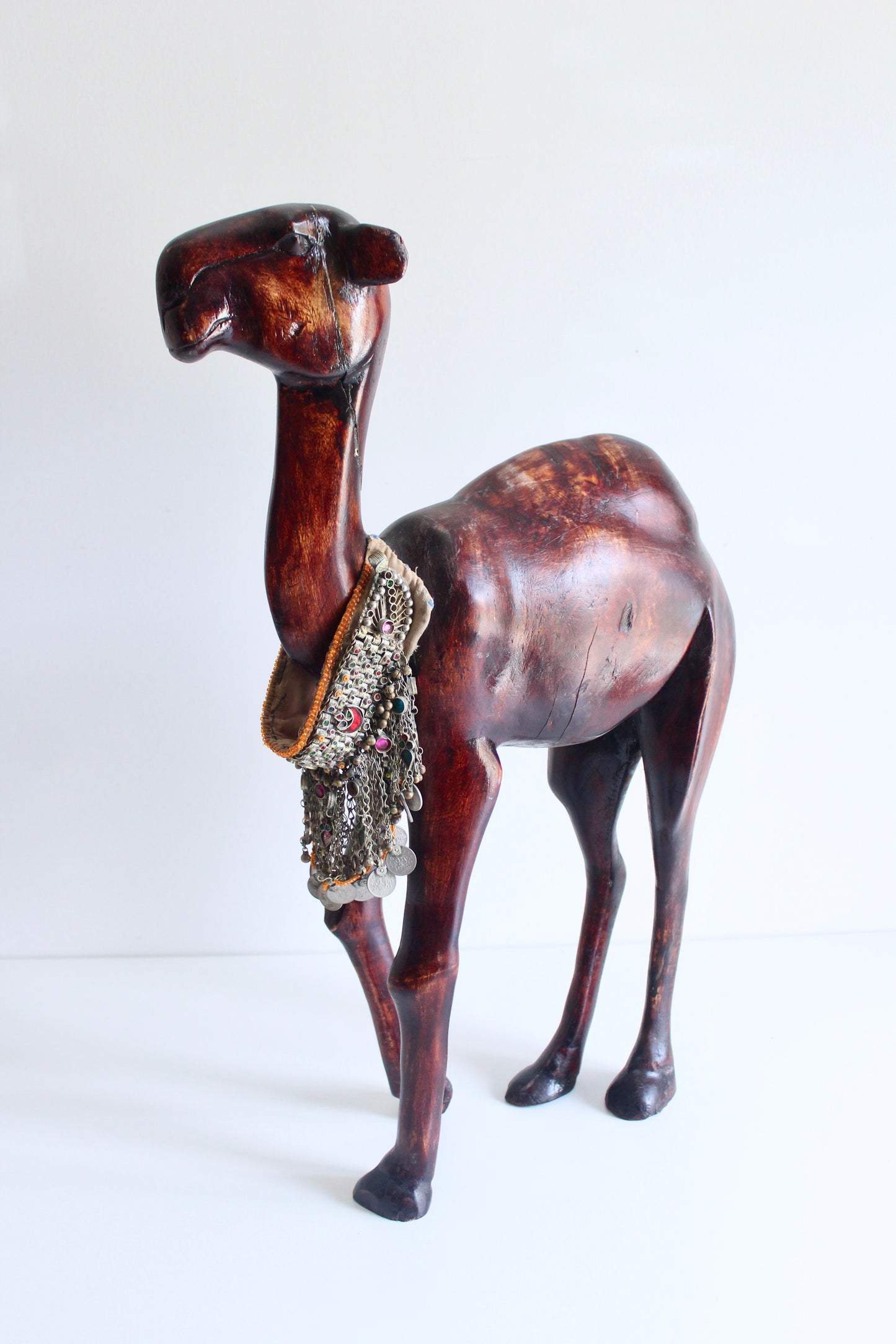 Large Vintage Hand-Carved Wooden Camel Sculpture with Tribal Jewelry 1
