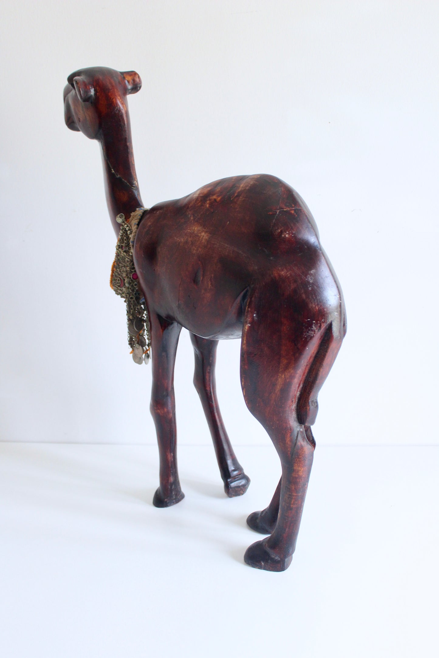 Large Vintage Hand-Carved Wooden Camel Sculpture with Tribal Jewelry 1