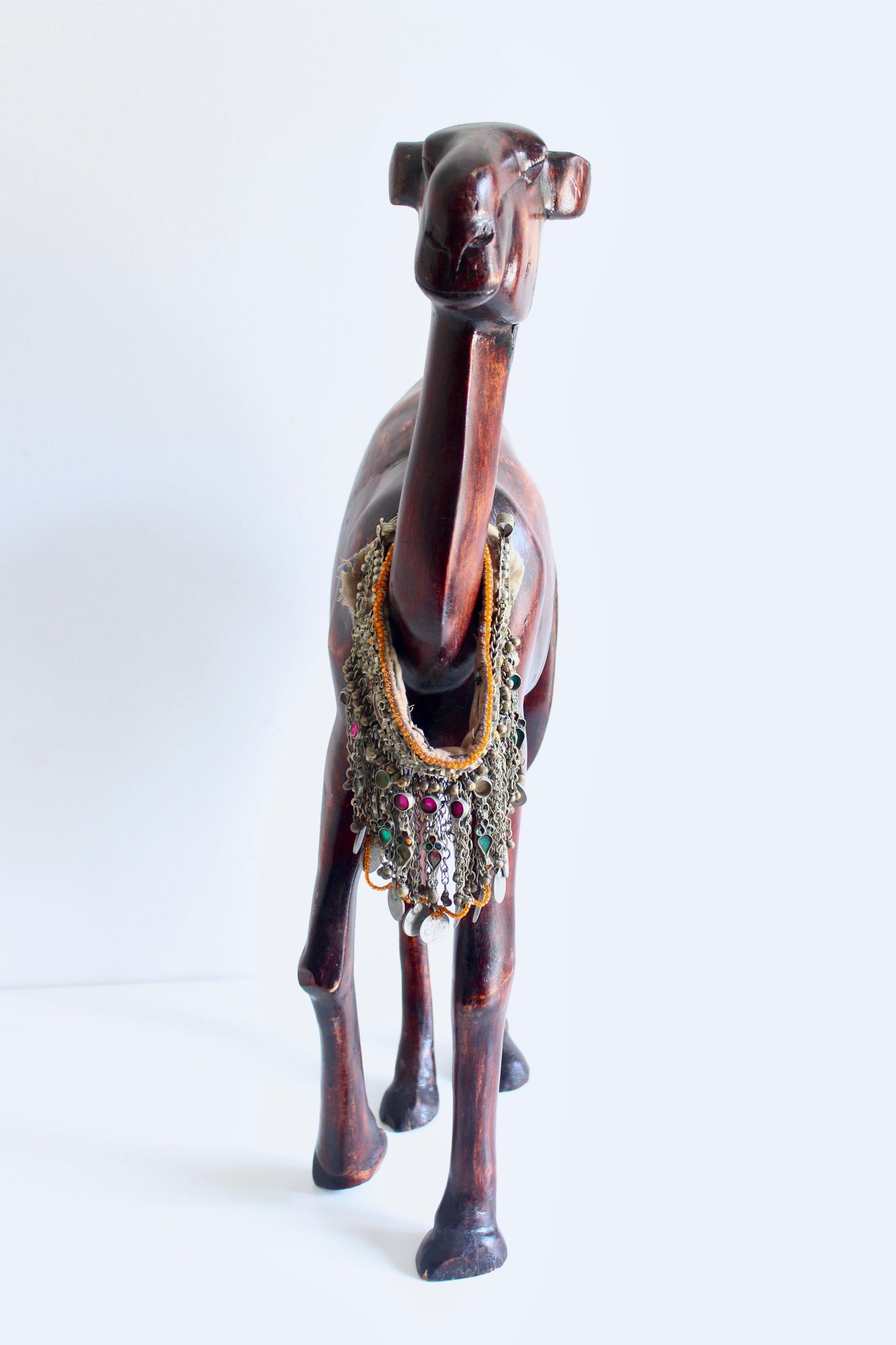 Large Vintage Hand-Carved Wooden Camel Sculpture with Tribal Jewelry 1