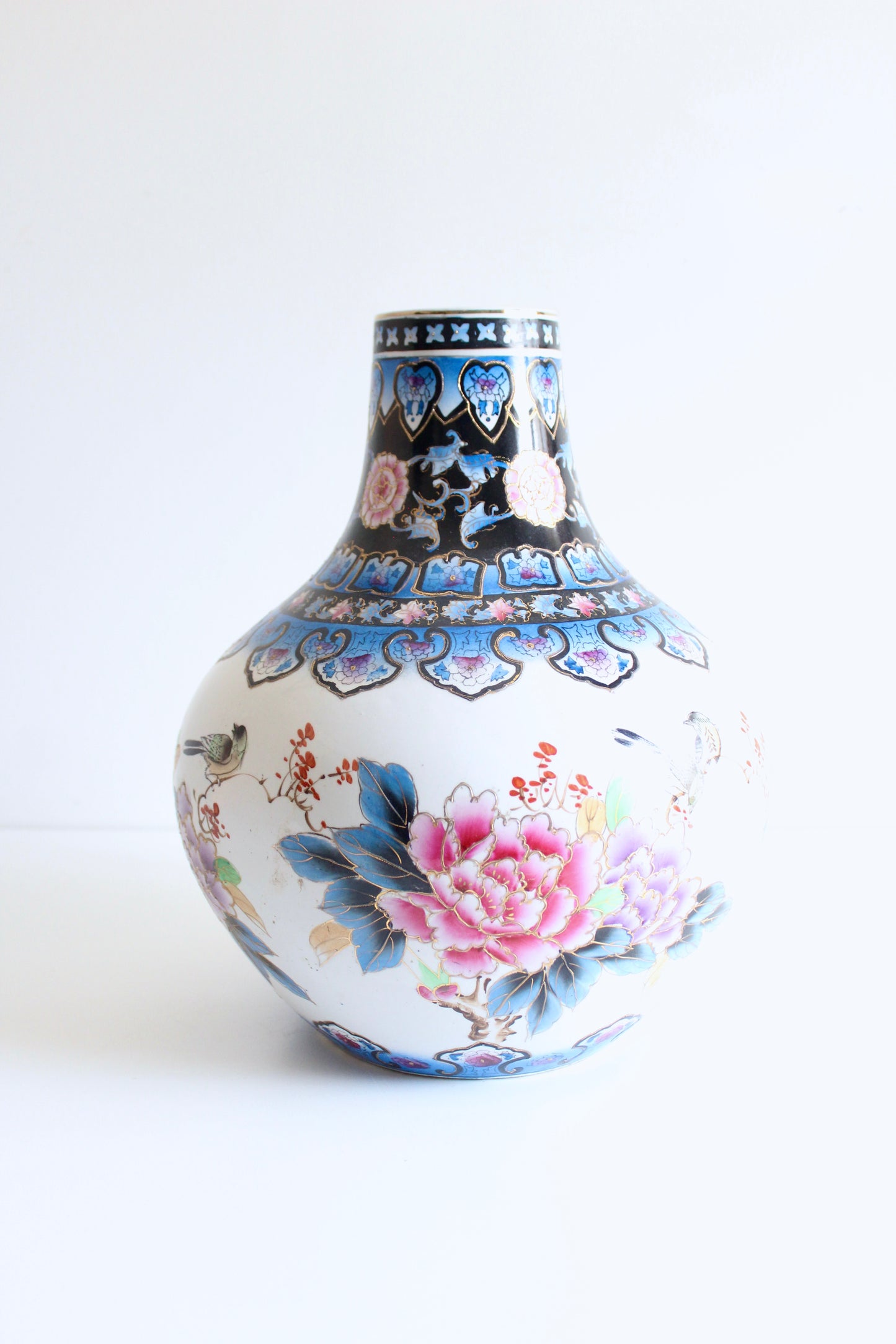 Vintage Japanese Style Hand-Painted Porcelain Vase with Peonies