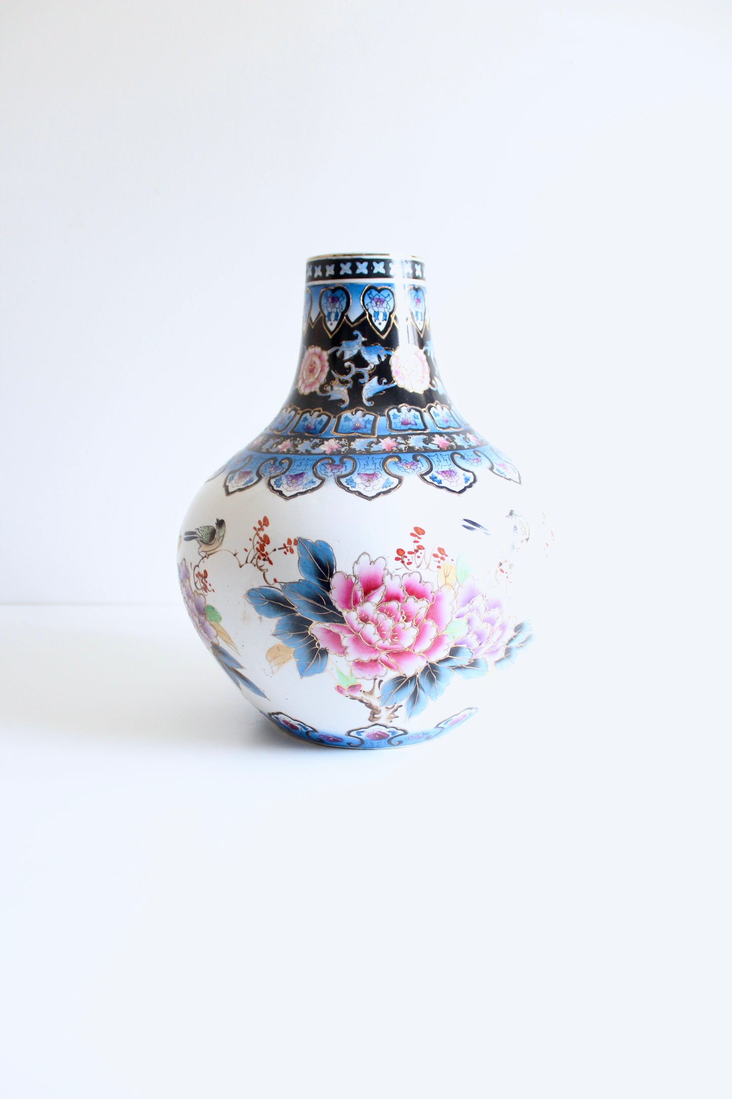 Vintage Japanese Style Hand-Painted Porcelain Vase with Peonies