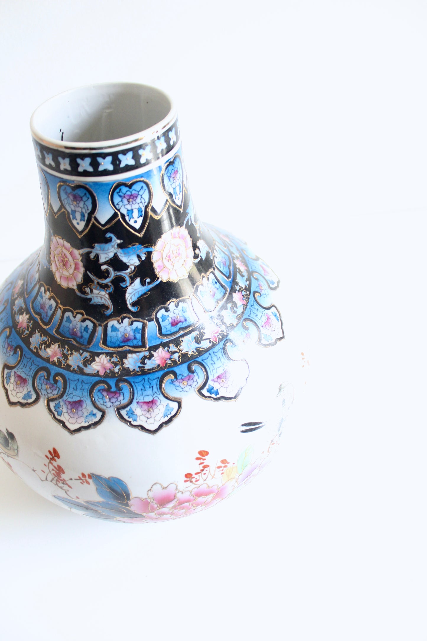 Vintage Japanese Style Hand-Painted Porcelain Vase with Peonies