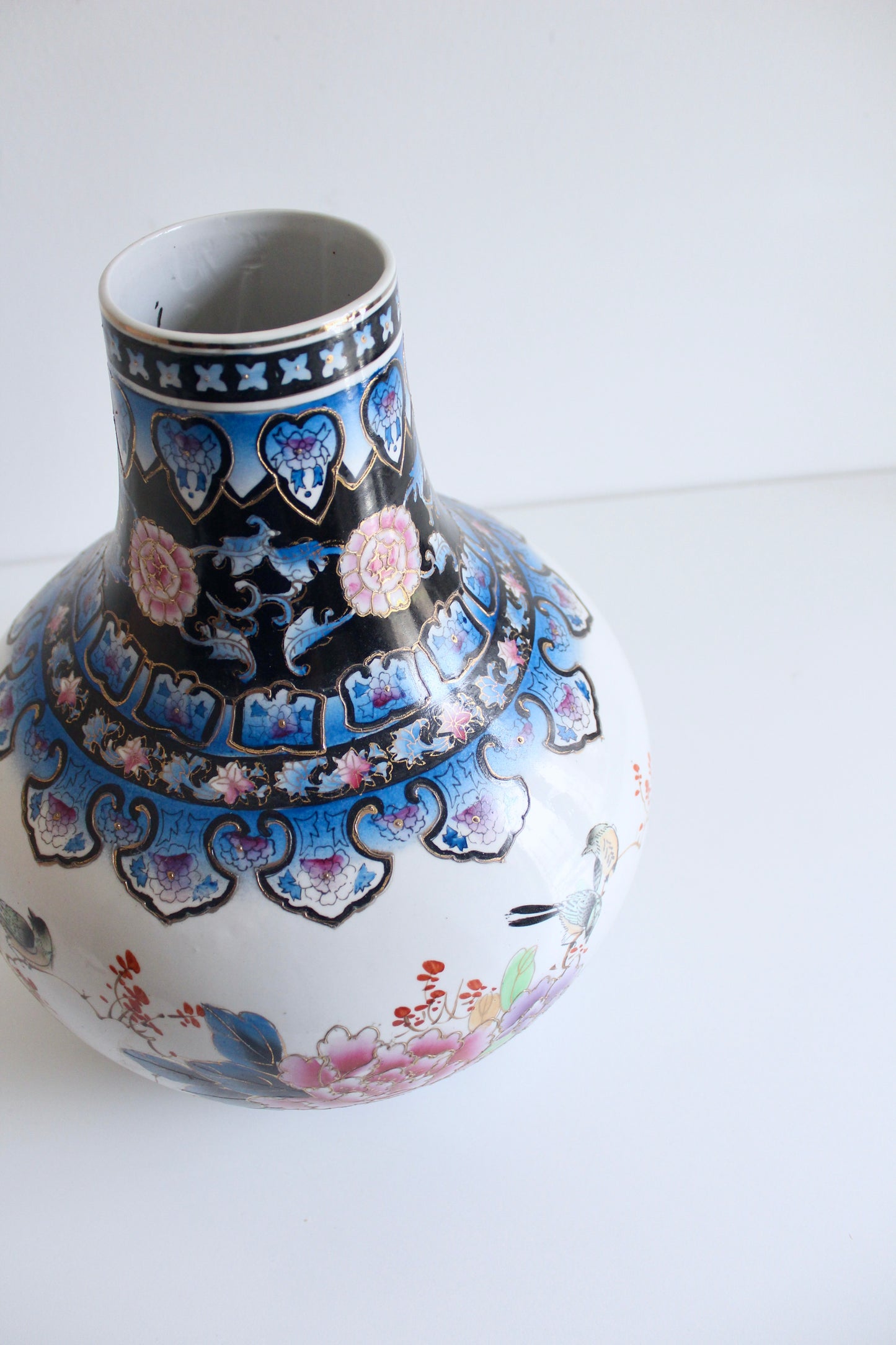 Vintage Japanese Style Hand-Painted Porcelain Vase with Peonies