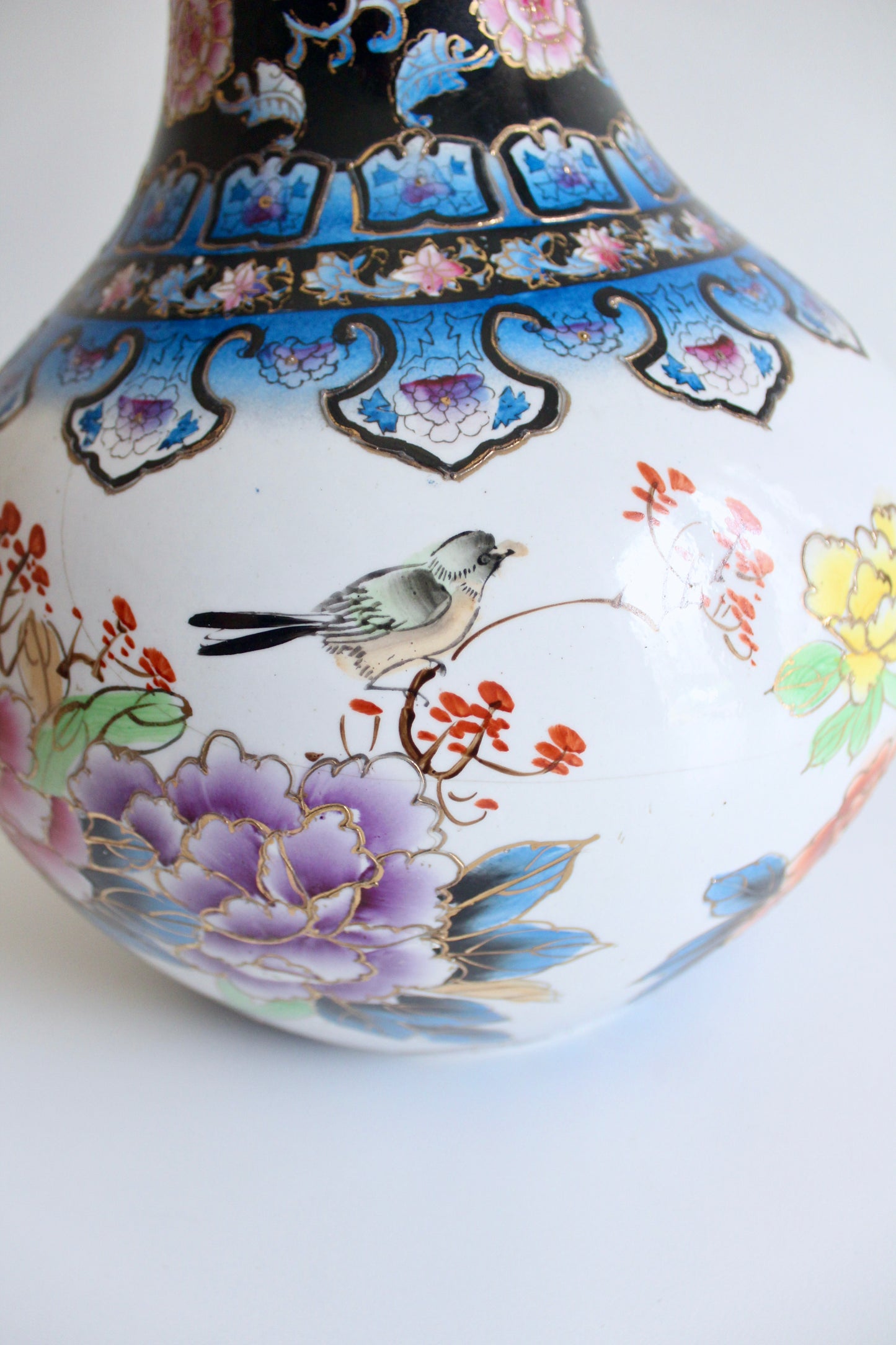 Vintage Japanese Style Hand-Painted Porcelain Vase with Peonies