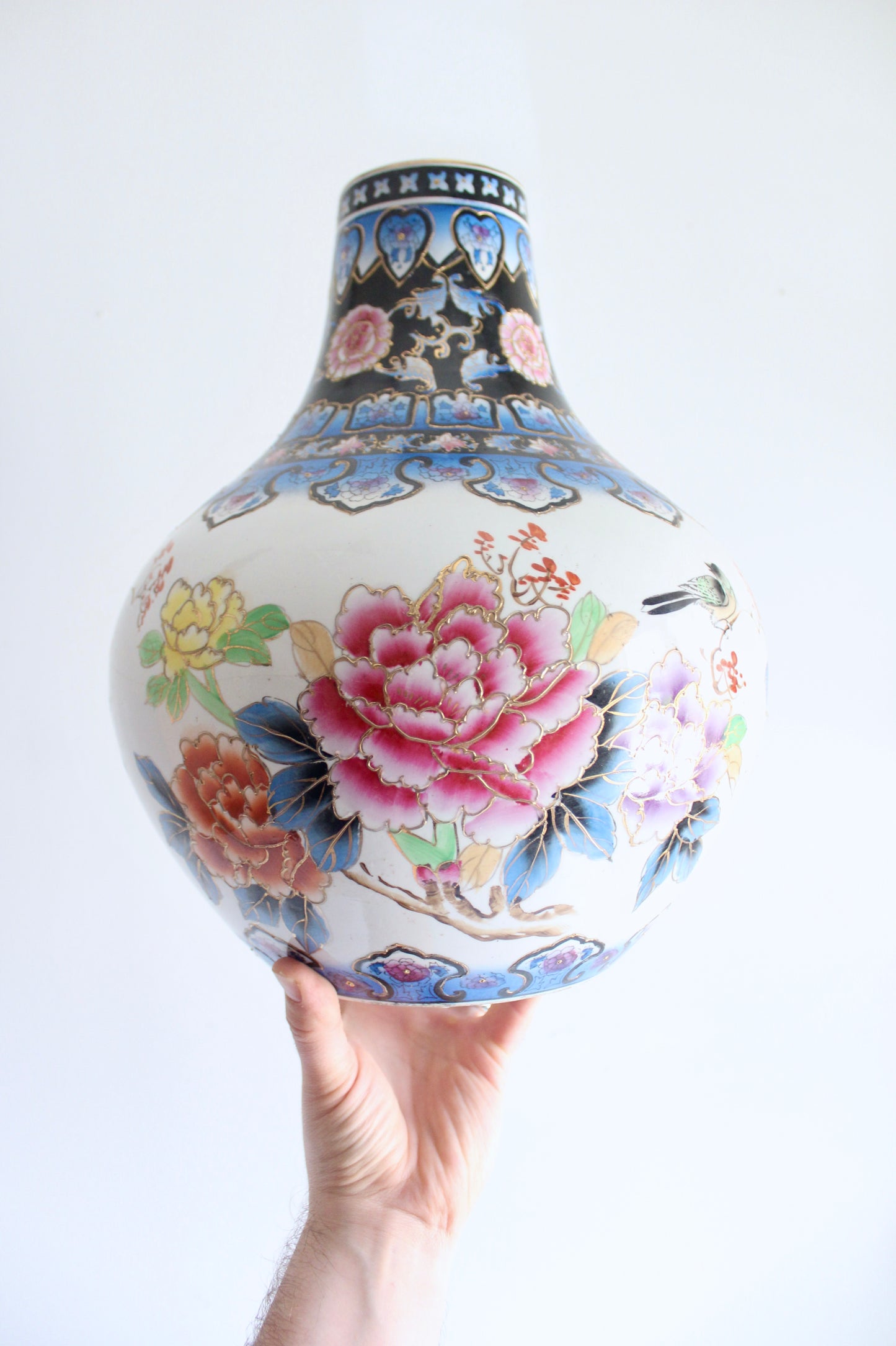 Vintage Japanese Style Hand-Painted Porcelain Vase with Peonies