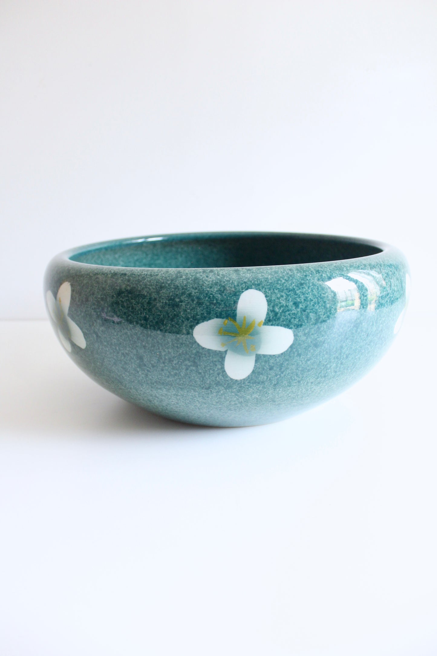 Large Vintage Turquoise Pottery Bowl with Floral Motif