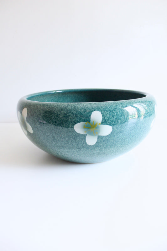Large Vintage Turquoise Pottery Bowl with Floral Motif