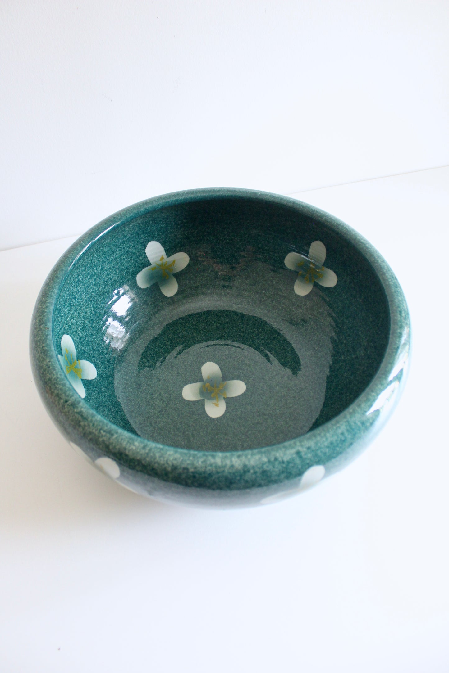Large Vintage Turquoise Pottery Bowl with Floral Motif