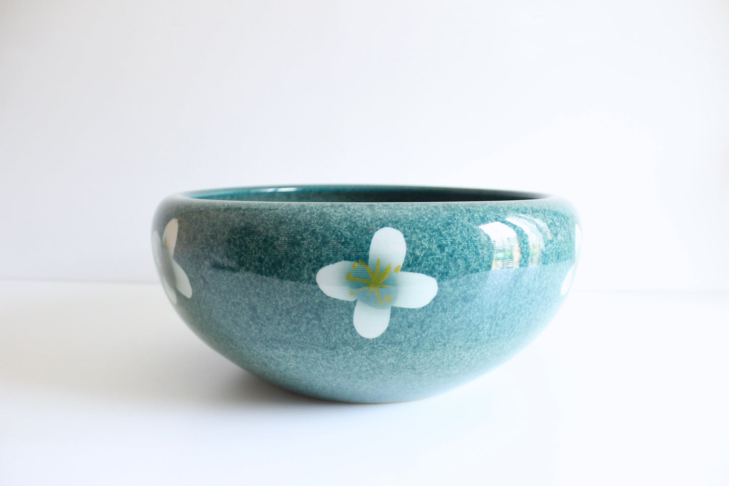 Large Vintage Turquoise Pottery Bowl with Floral Motif
