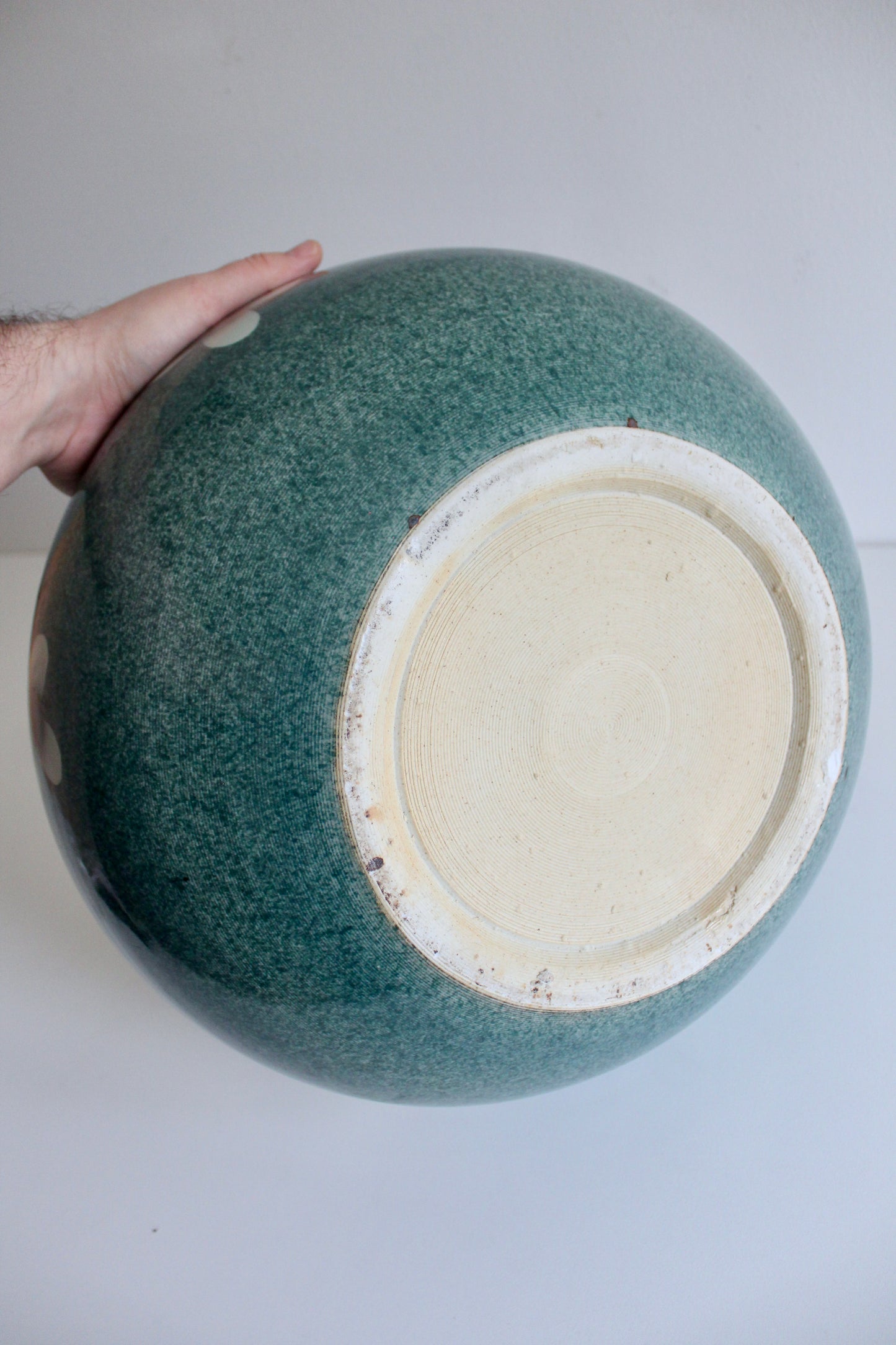 Large Vintage Turquoise Pottery Bowl with Floral Motif