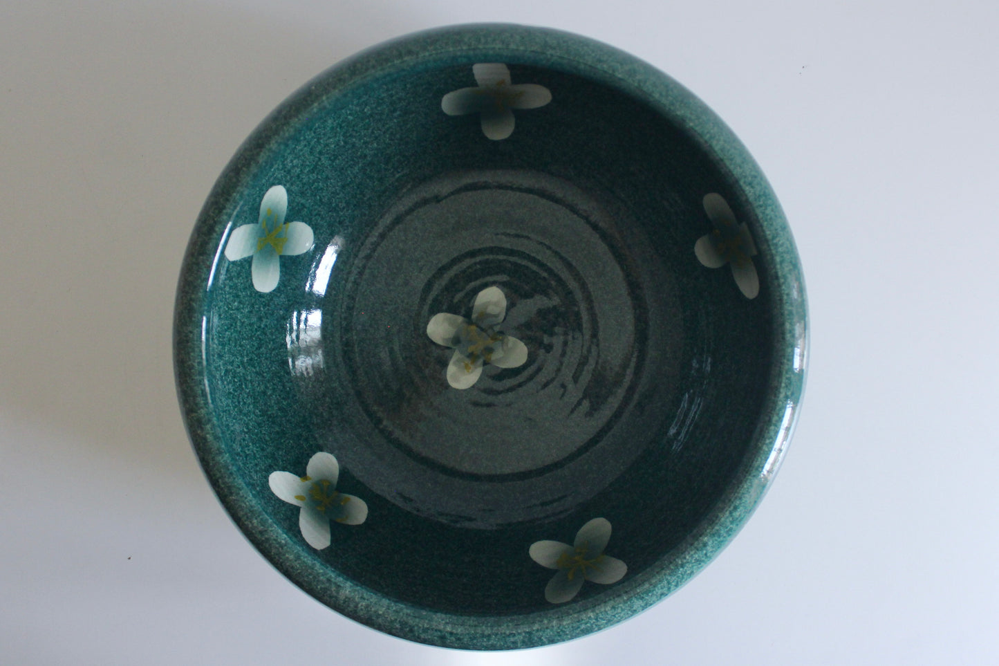 Large Vintage Turquoise Pottery Bowl with Floral Motif