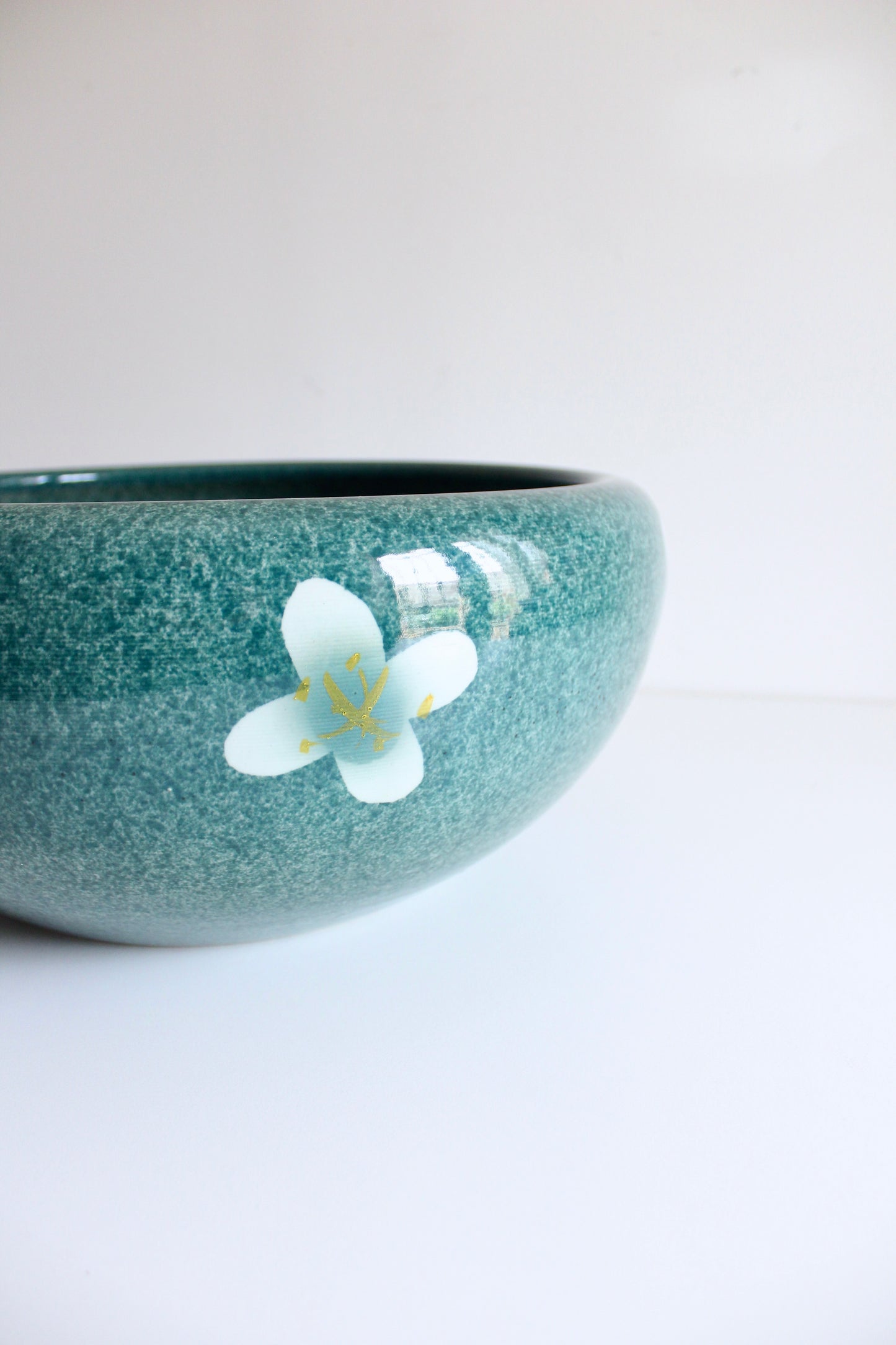 Large Vintage Turquoise Pottery Bowl with Floral Motif