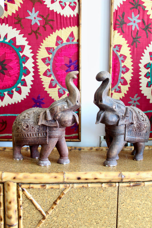 Pair of Hand Carved Wooden Elephants