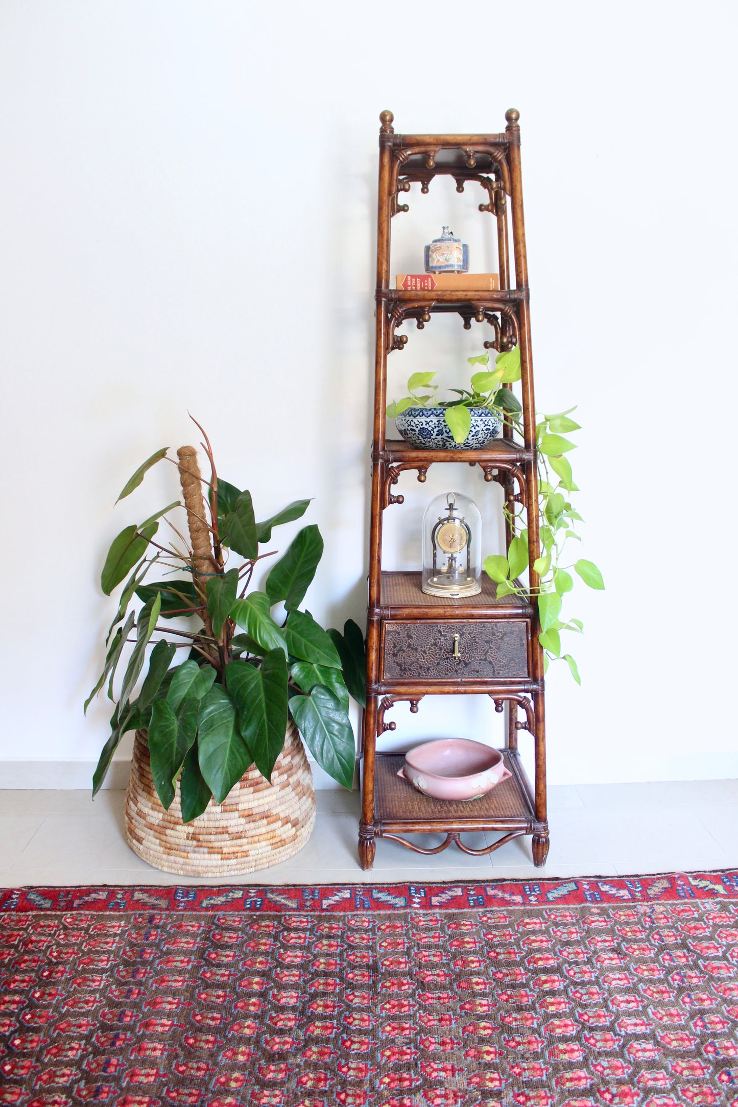 Vintage Bamboo & Cane Etagere Shelf with Drawer