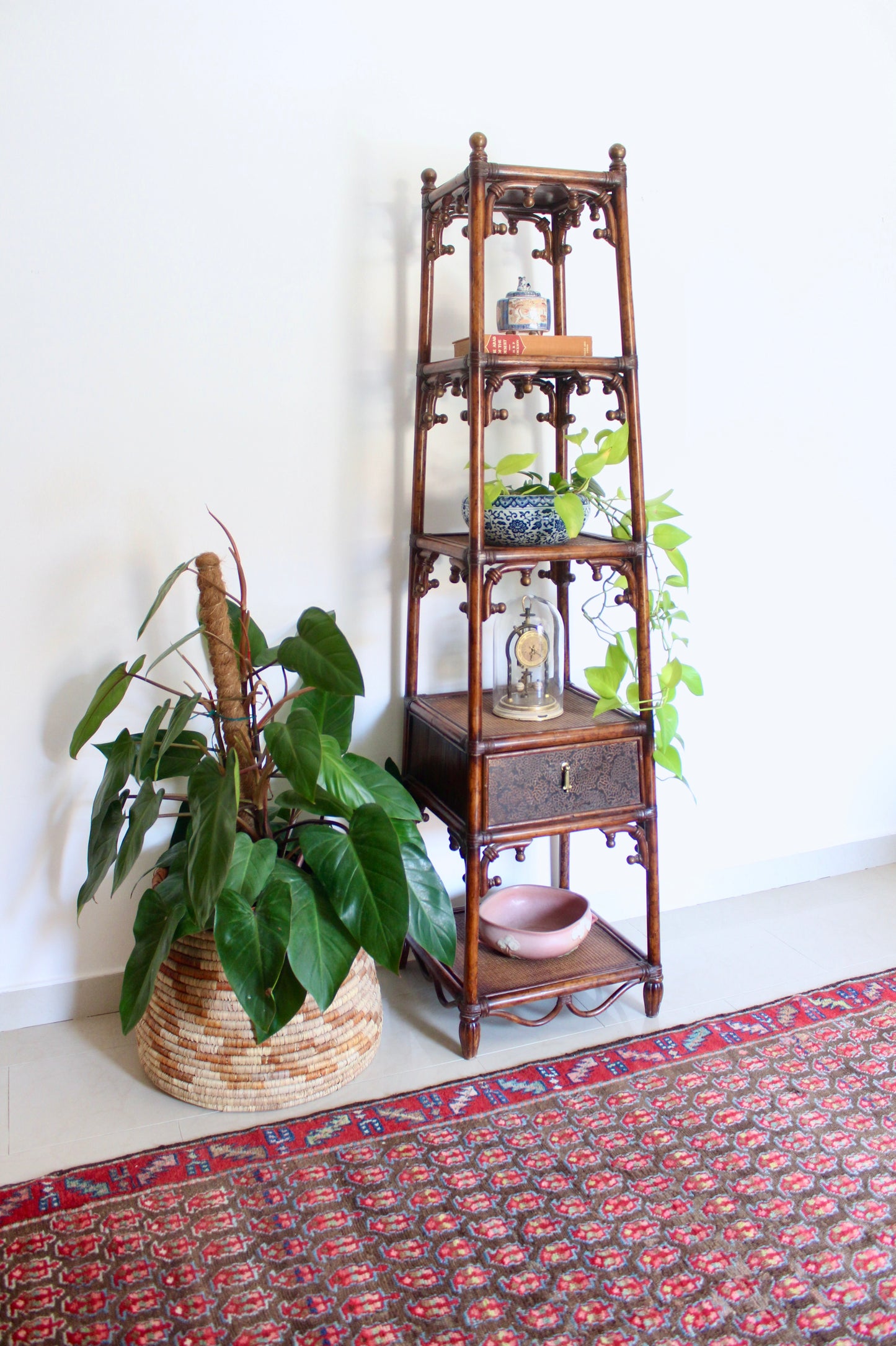 Vintage Bamboo & Cane Etagere Shelf with Drawer