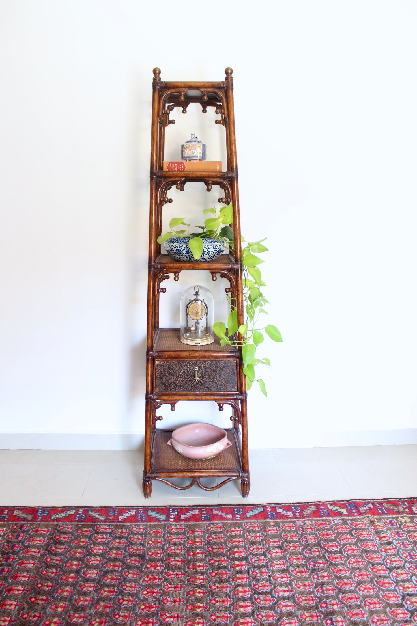 Vintage Bamboo & Cane Etagere Shelf with Drawer