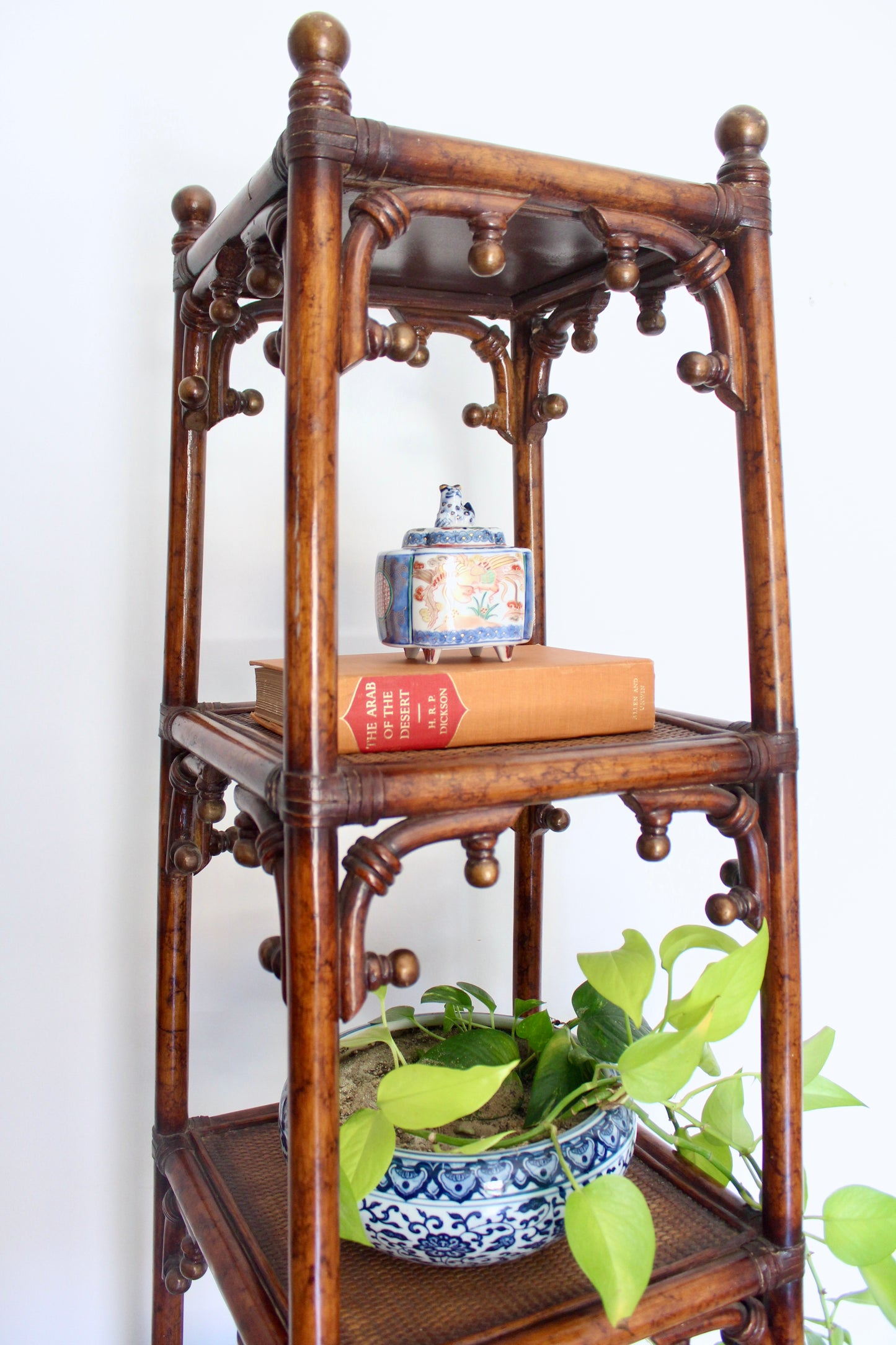 Vintage Bamboo & Cane Etagere Shelf with Drawer