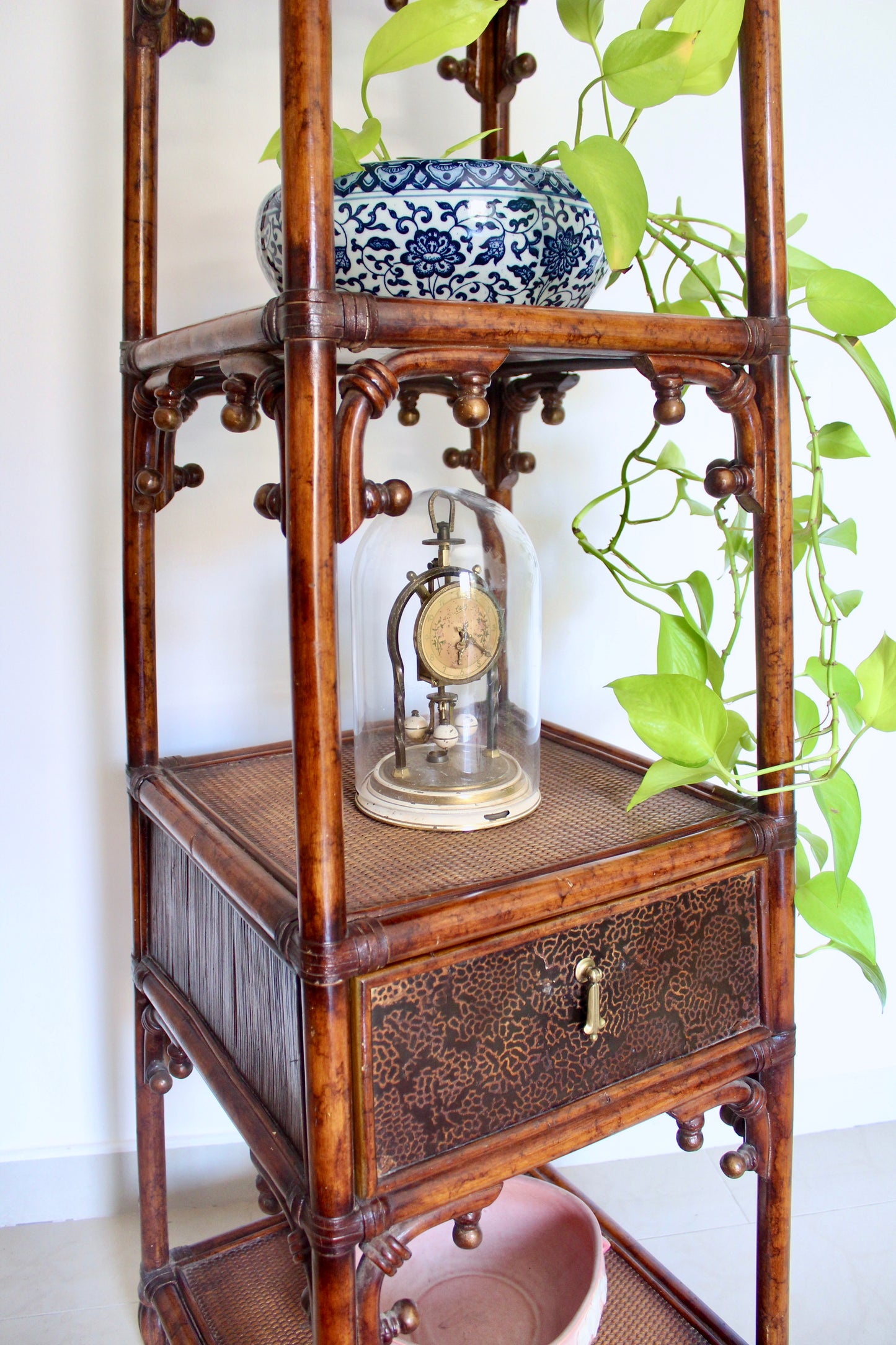 Vintage Bamboo & Cane Etagere Shelf with Drawer