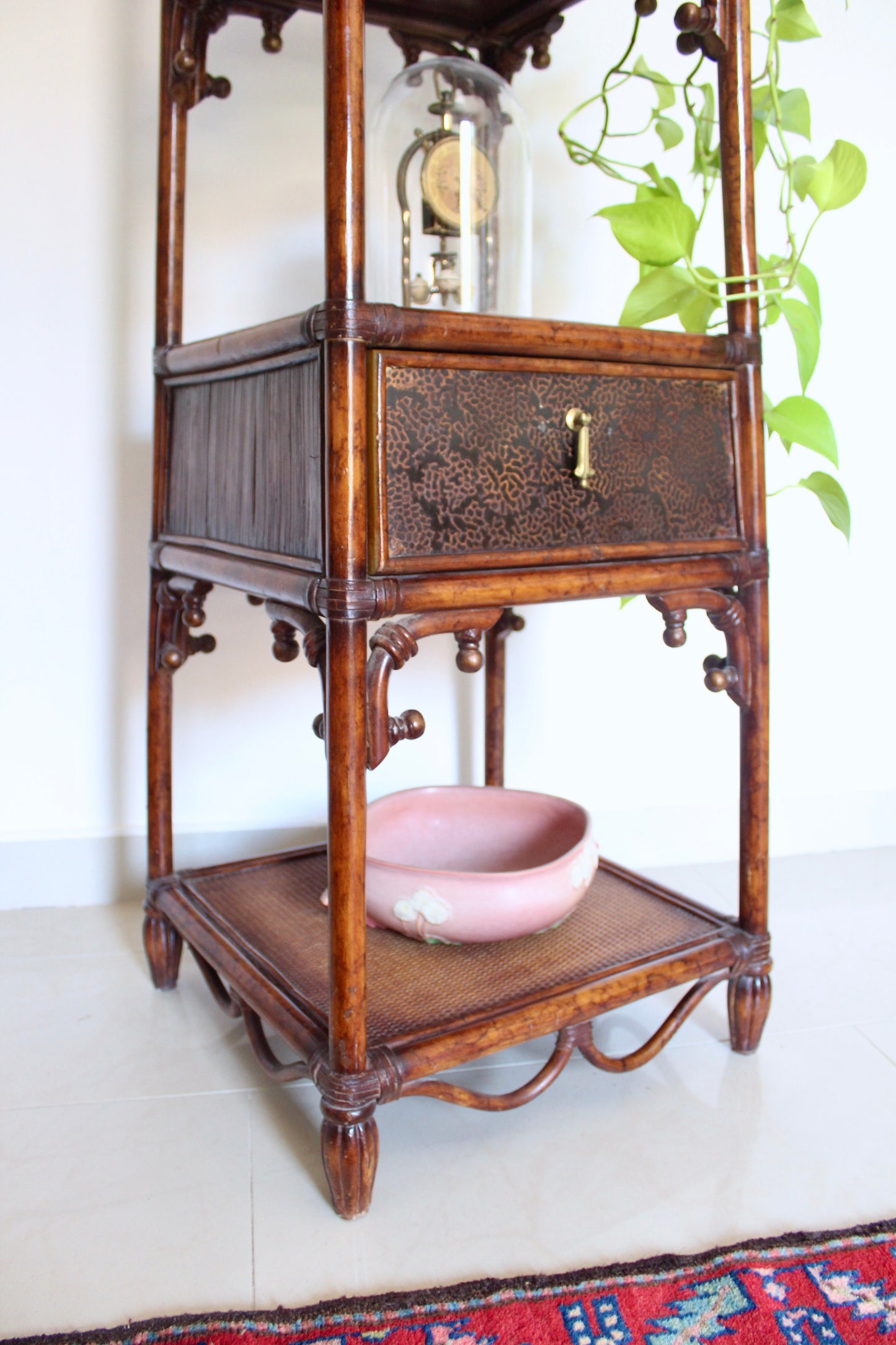 Vintage Bamboo & Cane Etagere Shelf with Drawer