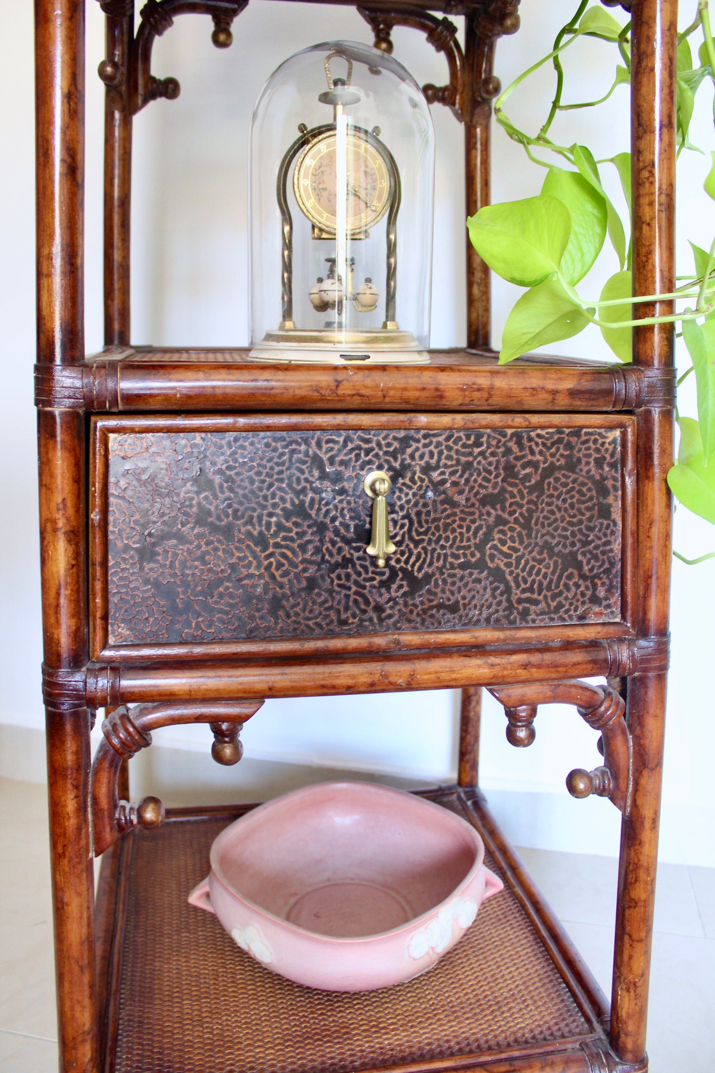 Vintage Bamboo & Cane Etagere Shelf with Drawer