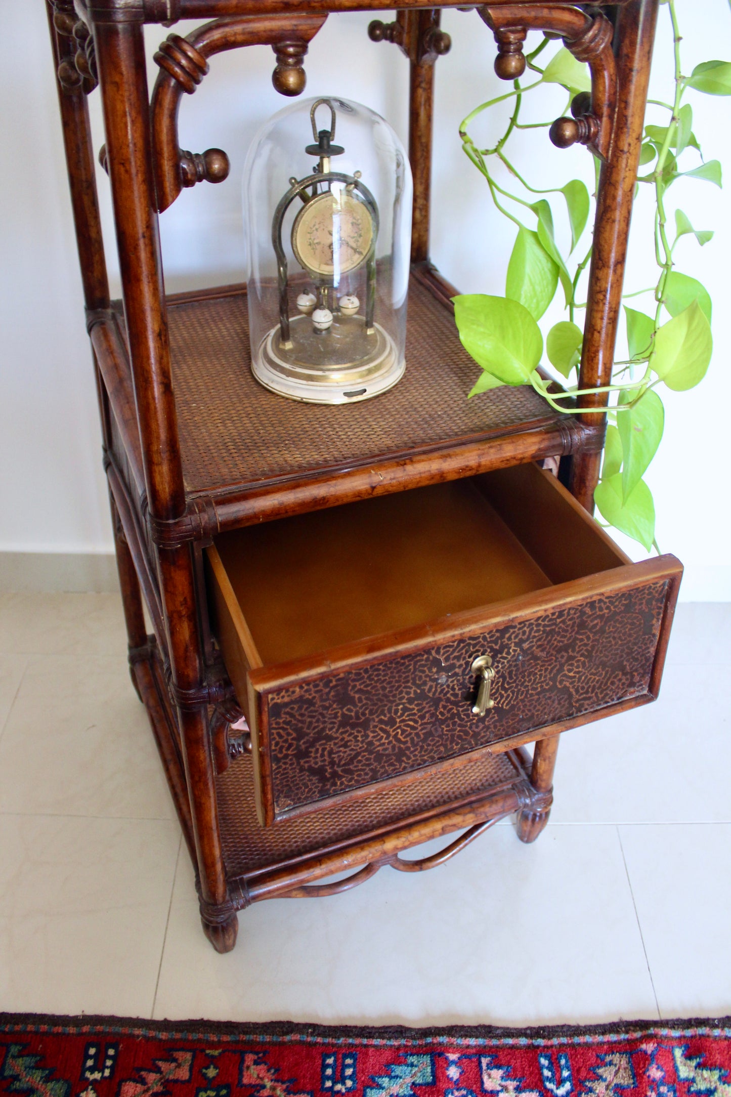 Vintage Bamboo & Cane Etagere Shelf with Drawer