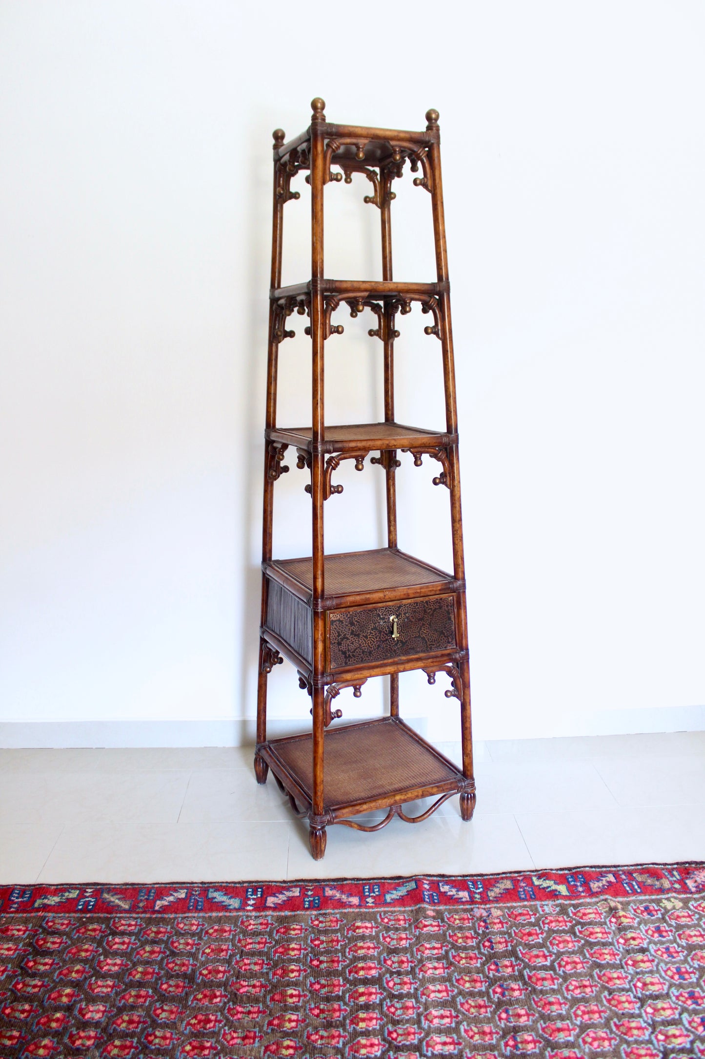 Vintage Bamboo & Cane Etagere Shelf with Drawer