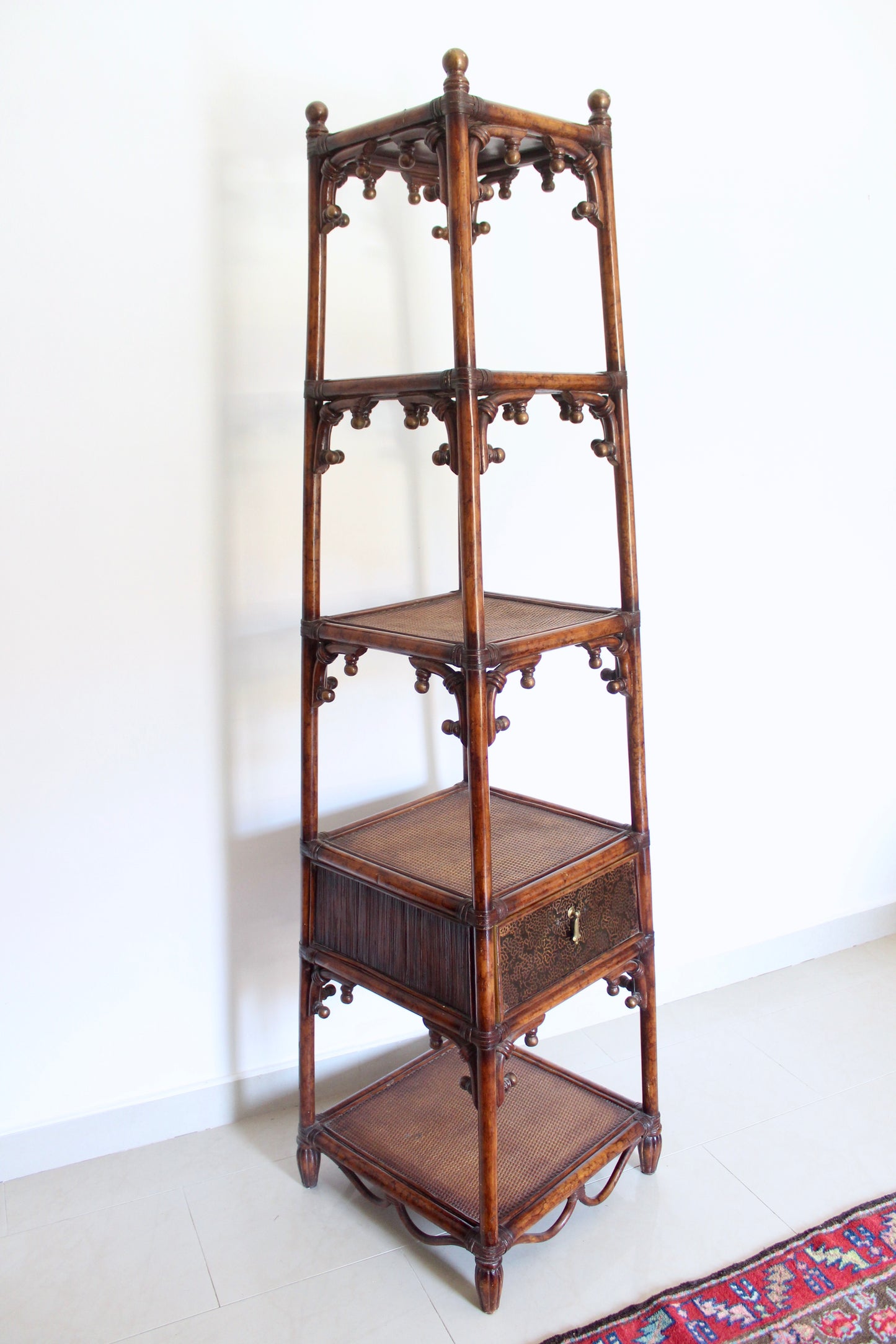 Vintage Bamboo & Cane Etagere Shelf with Drawer