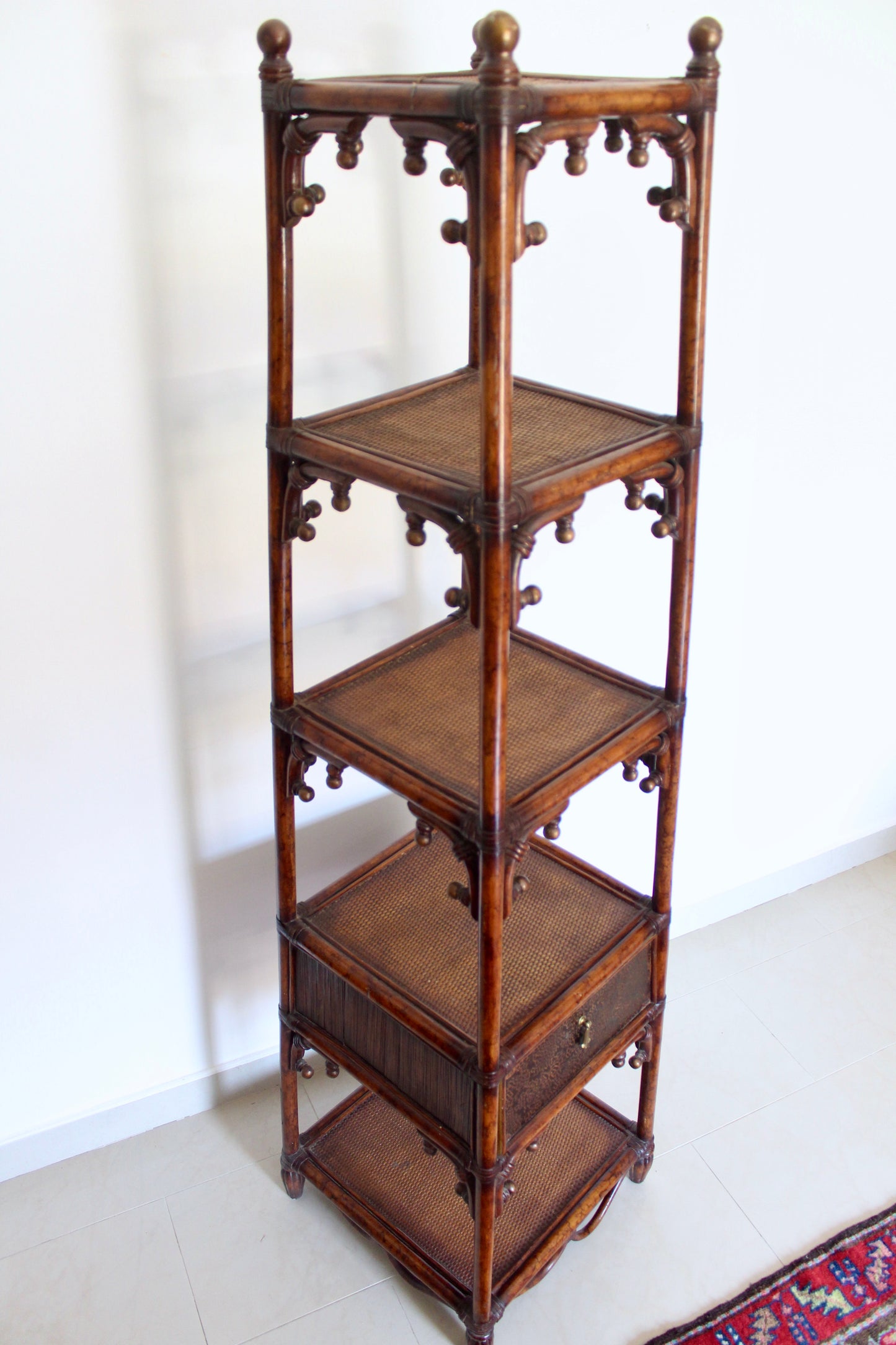 Vintage Bamboo & Cane Etagere Shelf with Drawer