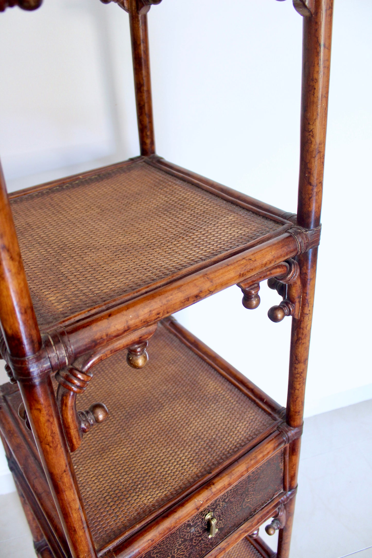 Vintage Bamboo & Cane Etagere Shelf with Drawer