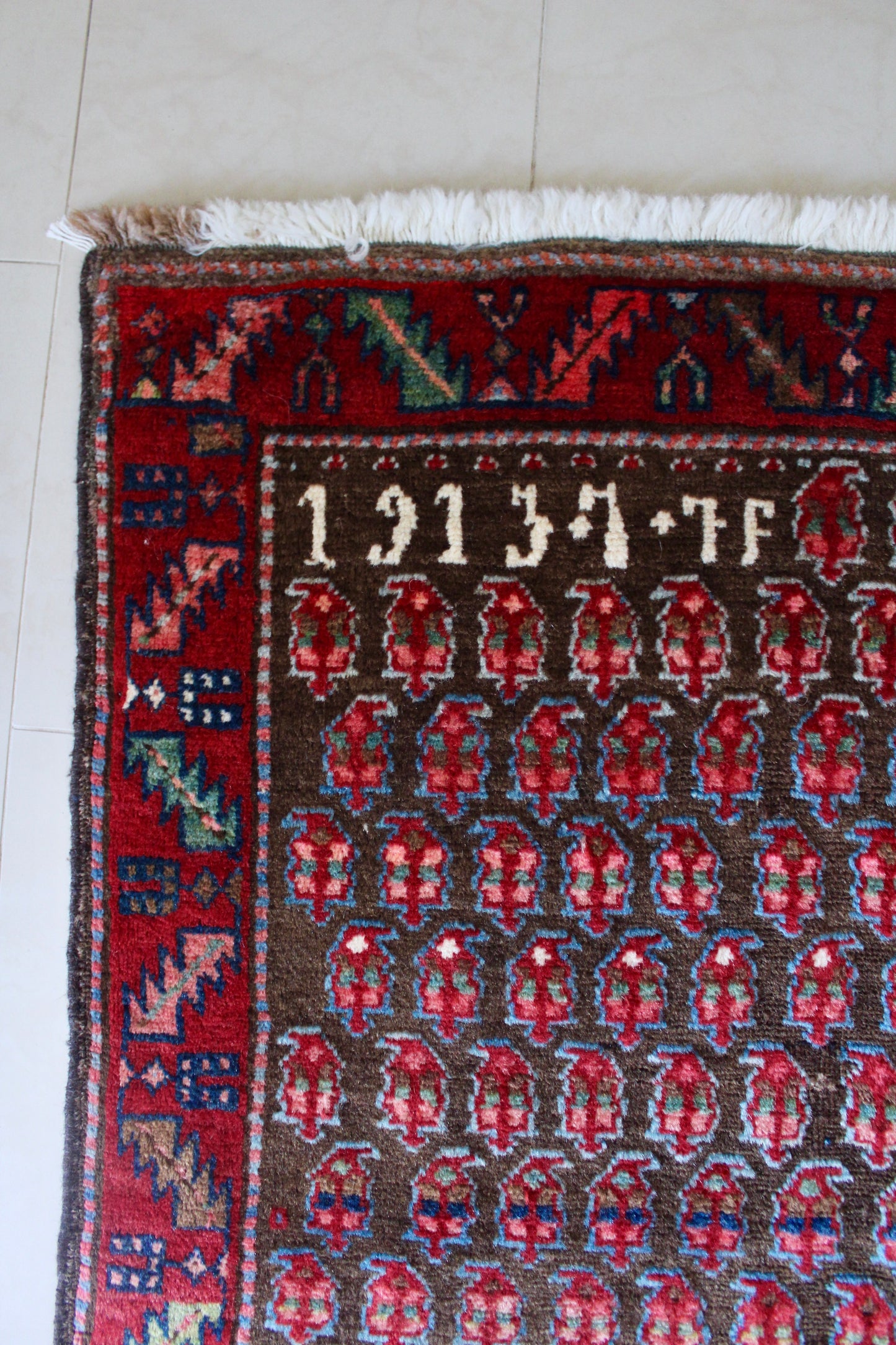 Antique Persian Kurdish Boteh Rug, Dated 1913