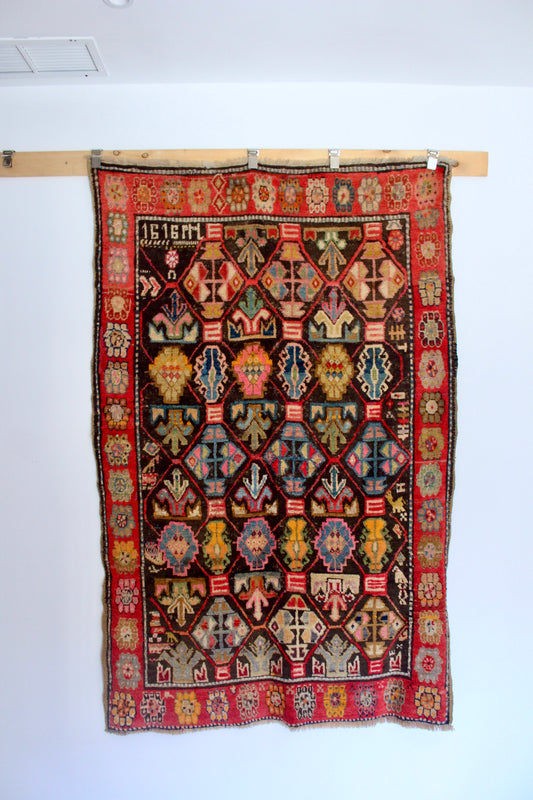 Antique Turkish Kurdish Geometric Carpet, Appears Dated 1919